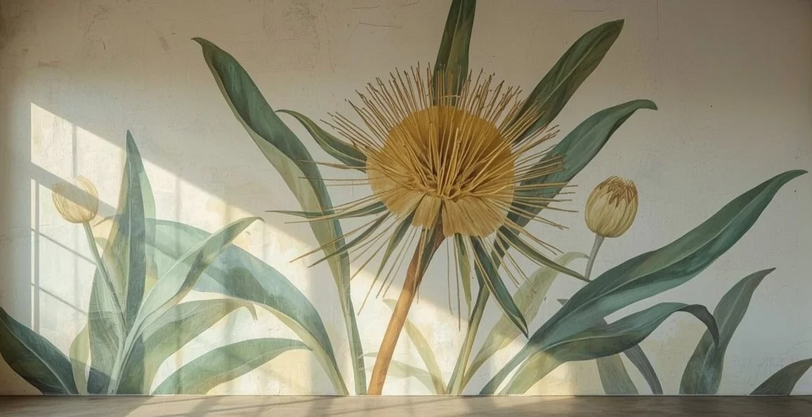Wall mural of a botanical illustration featuring large green leaves and a yellow flower with long petals and spiky center.