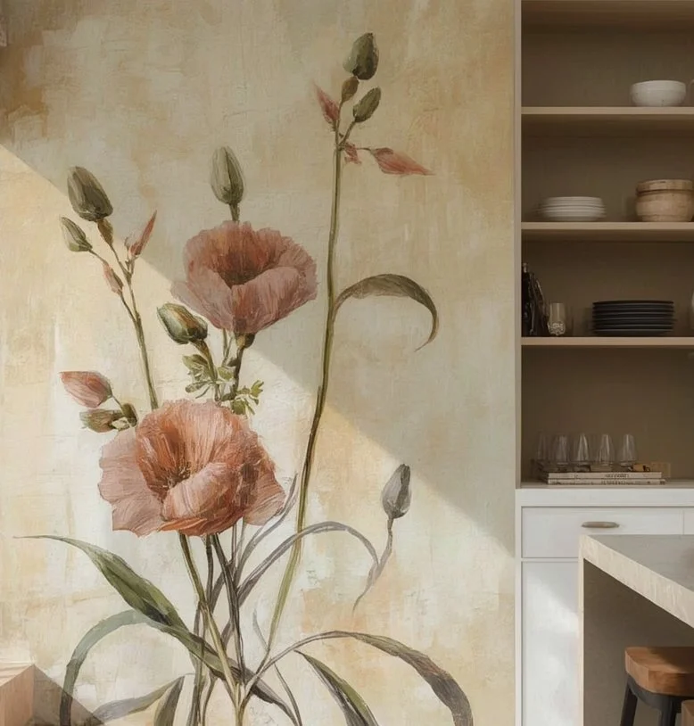 Wall mural of pink poppies with green stems and buds in a kitchen.