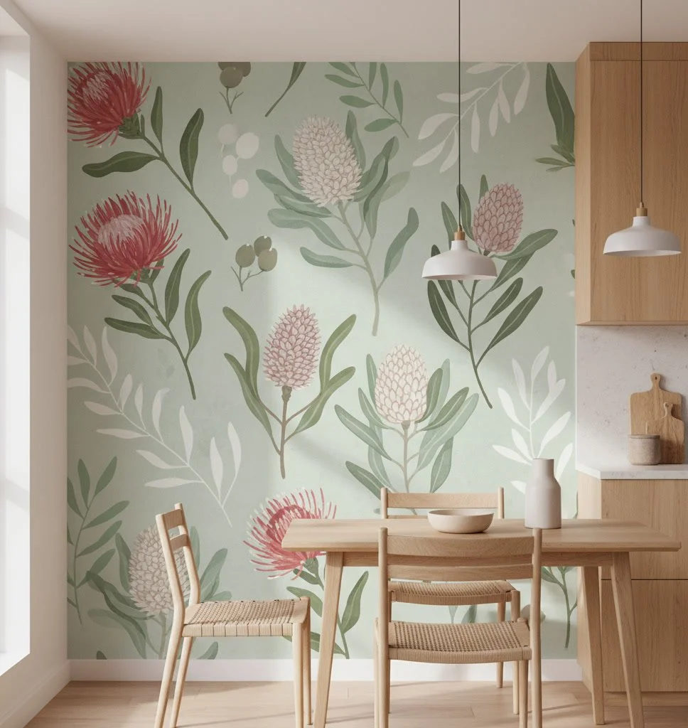 A dining area with a wooden table, three chairs, a wooden cabinet, two hanging pendant lights, and a floral wallpaper with green leaves and pink and white flowers.