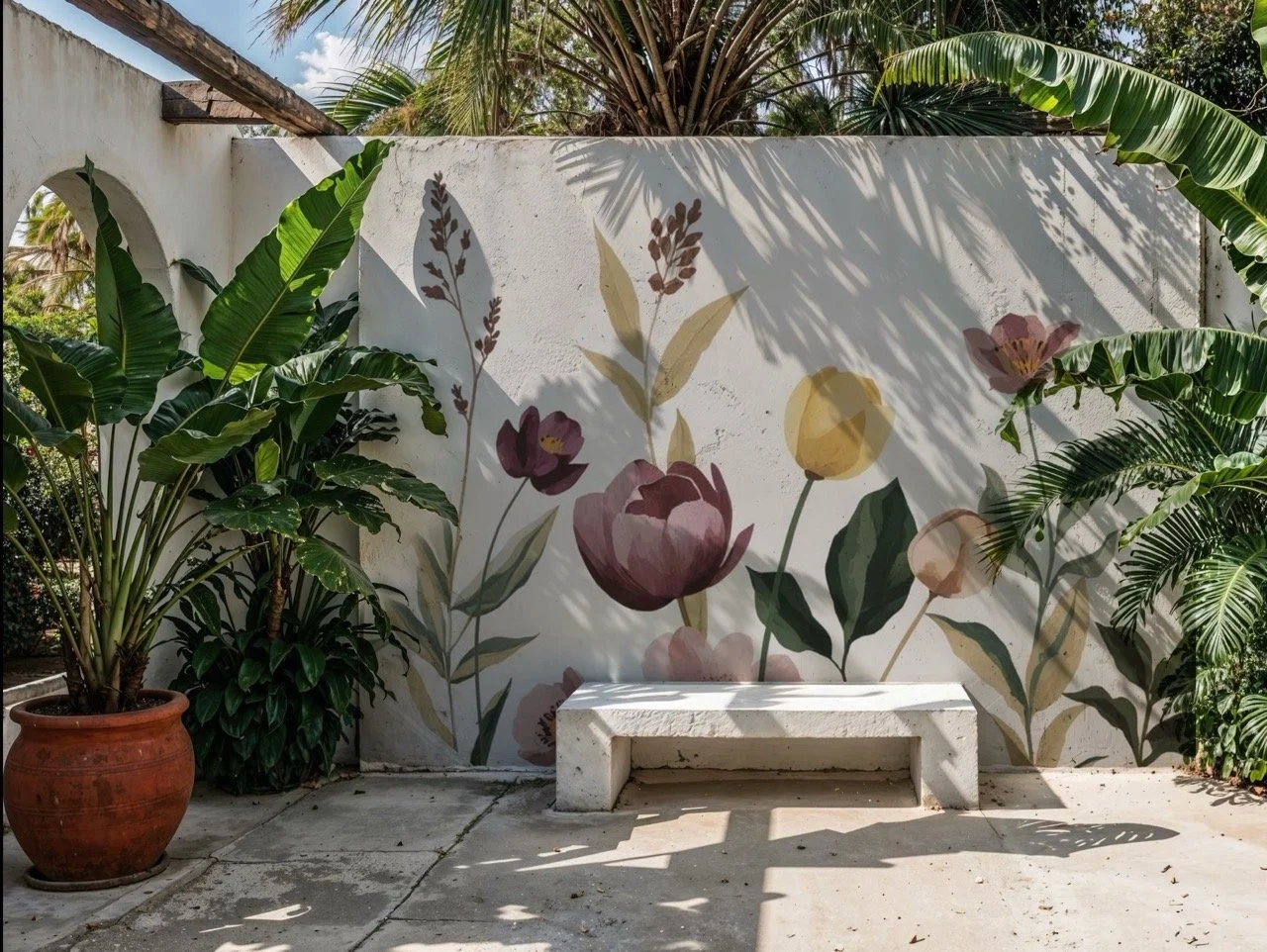 A garden with lush green plants and a white wall painted with large floral murals. There is a concrete bench in front of the wall, and the scene is shaded by nearby trees.