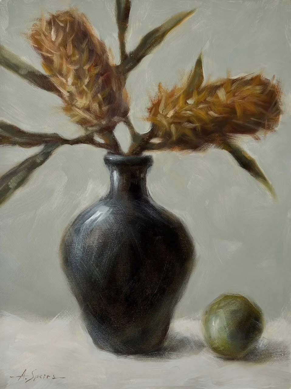 'Banksia and lime' oil on wood board, 22.8cm (W) x 30.5cm (H) x 3.8cm (D) SOLD