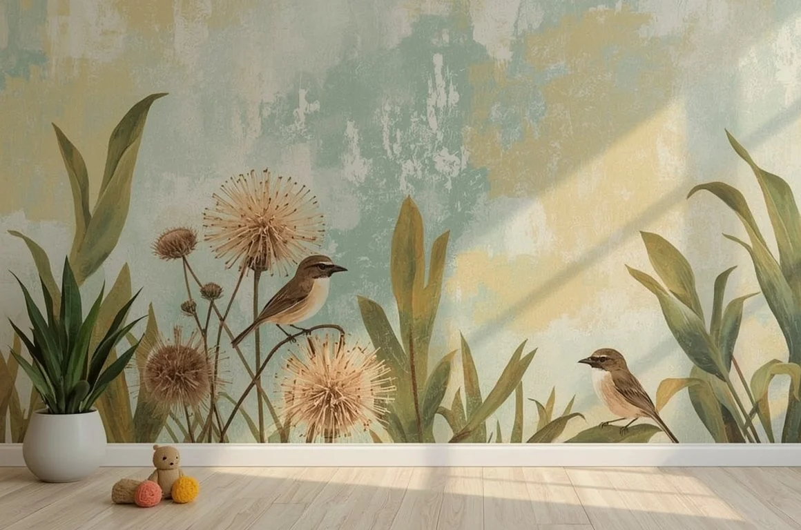 Decorative wall mural with birds and plants, a potted plant, and a small teddy bear with yarn balls on the floor.