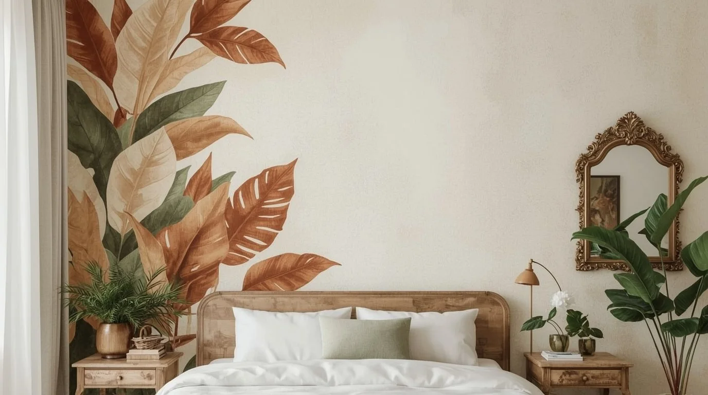 A bedroom with a large mural of brown and green leaves on the wall behind a wooden bed with white bedding and a light green pillow. There are two wooden nightstands, one with a potted plant, a lamp, and books, and the other with a mirror hanging abov
