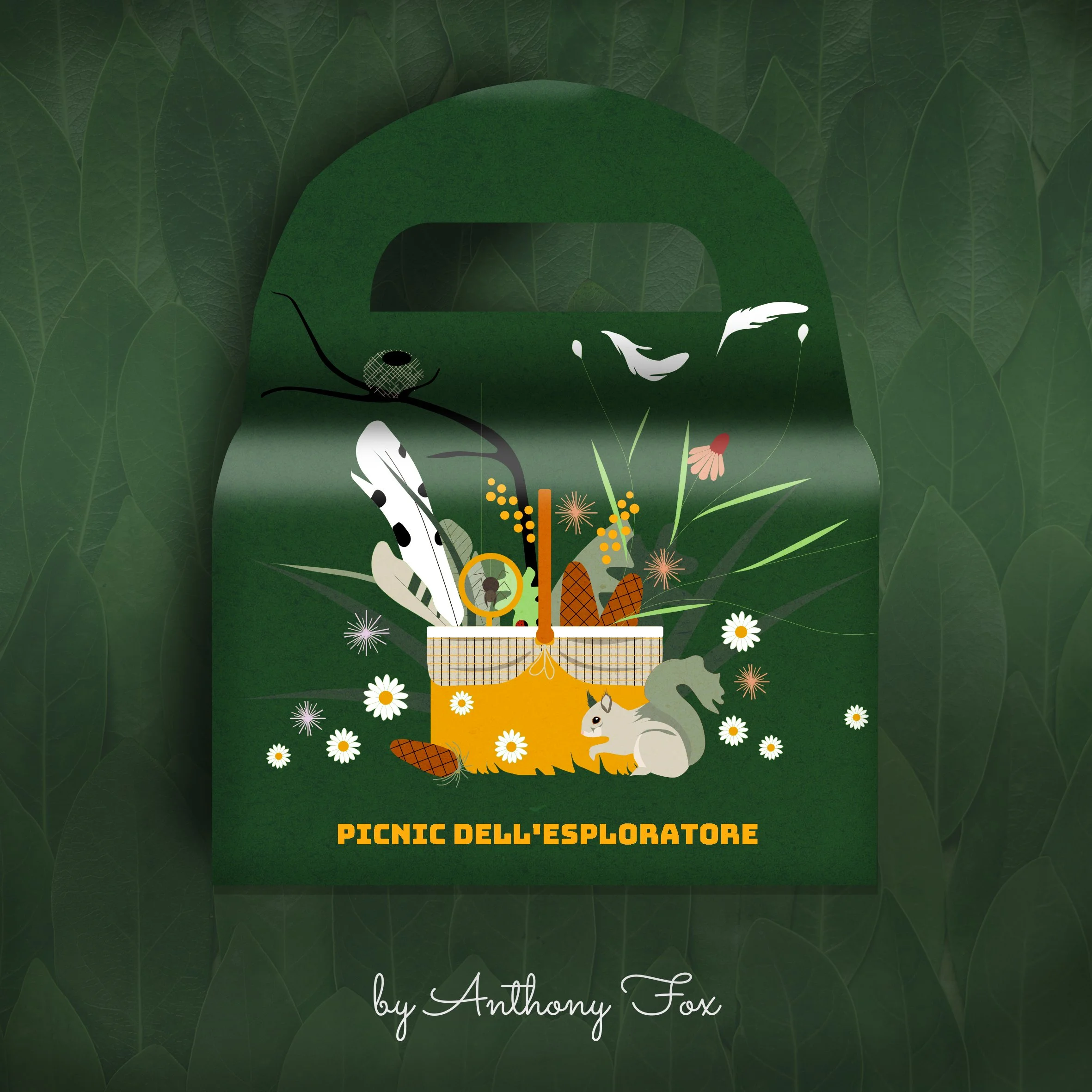 Un'illustrazione di un'icona di picnic con vari animali e piante, e il testo "PICNIC DELL'ESPLORATORE" in evidenza. Background di foglie verdi.