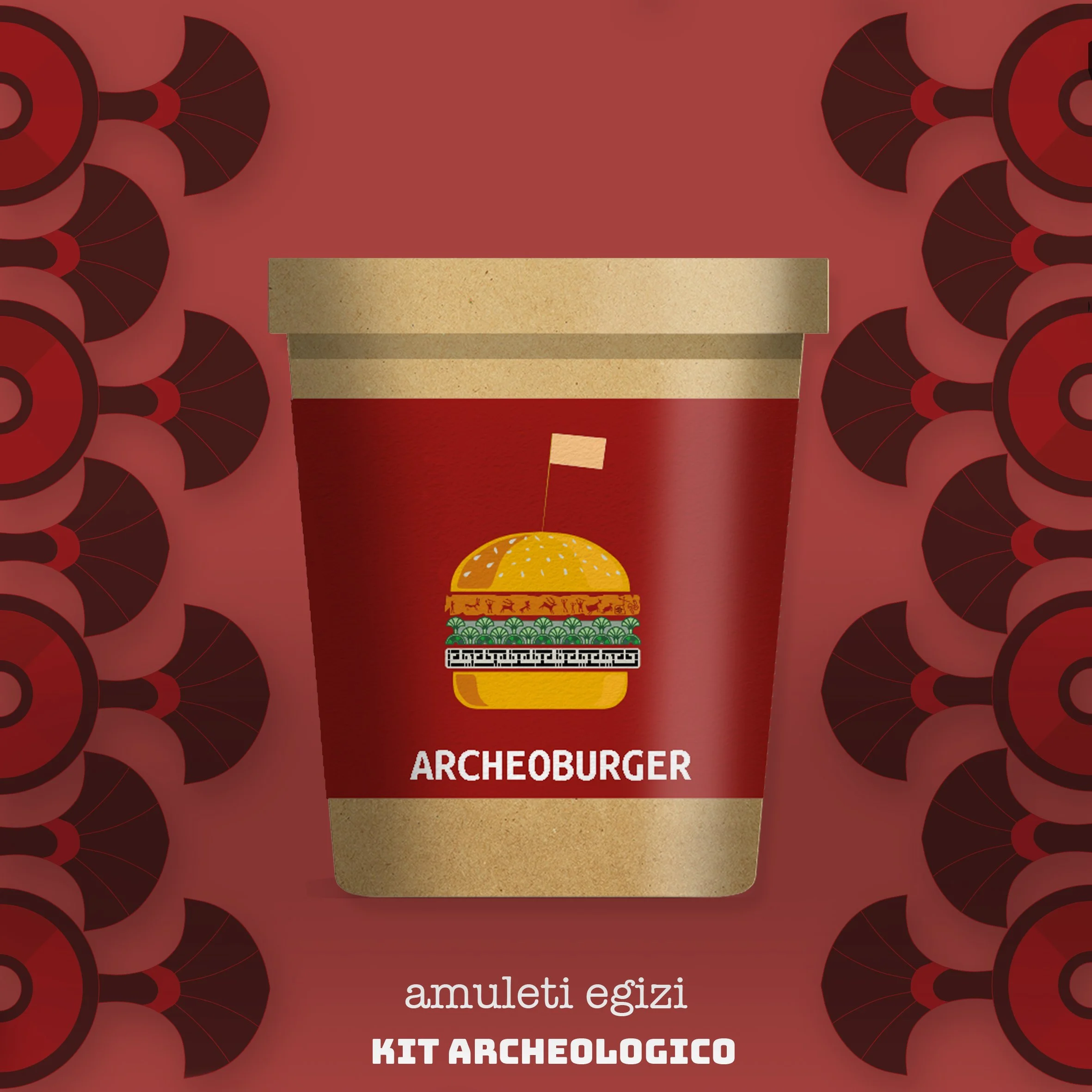 Tazza con il logo di Archeoburger, con un Hamburger stilizzato, e sotto il testo 'Archeoburger'. Sullo sfondo, motivo a cerchi rossi e neri. Sotto l'immagine, scritto 'amuleti egizi' e 'KIT ARCHEOLOGICO'.