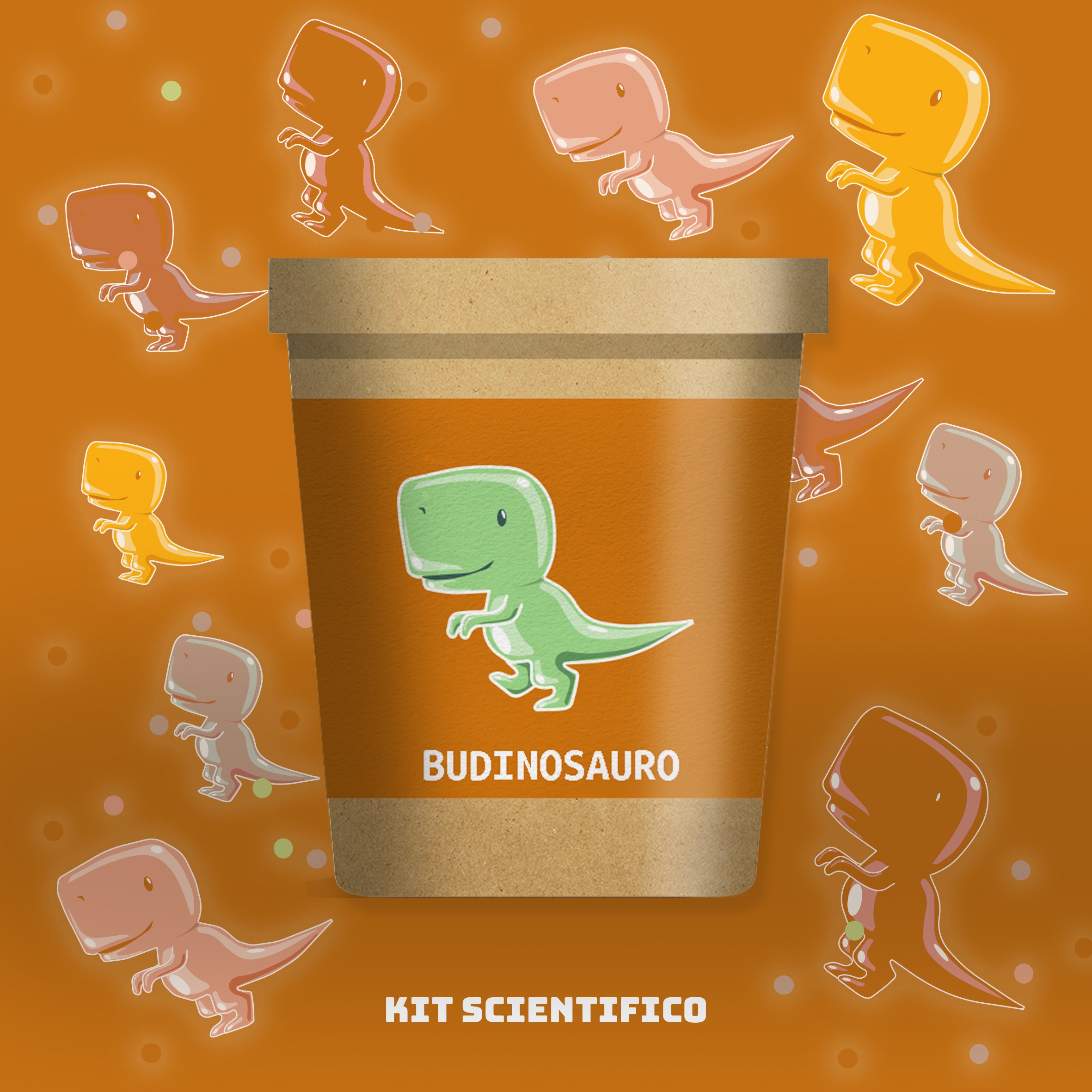 Confezione di un kit scientifico a tema dinosauri, con l'immagine di un dinosauro verde e la parola "BUDINOSAUR" su di essa, sfondo arancione con dinosauri stilizzati di vari colori.