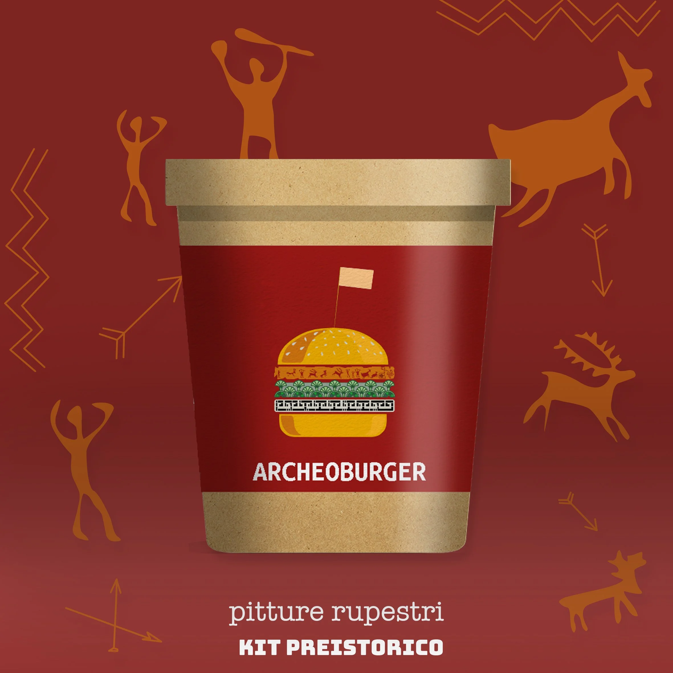Immagine di un bicchiere di plastica con etichetta di un hamburger stilizzato e la scritta "ARCEBURGER". Sul sfondo, motivi decorativi con figure di animali e simboli tribali, e la didascalia "pitture rupestri KIT PREISTORICO".