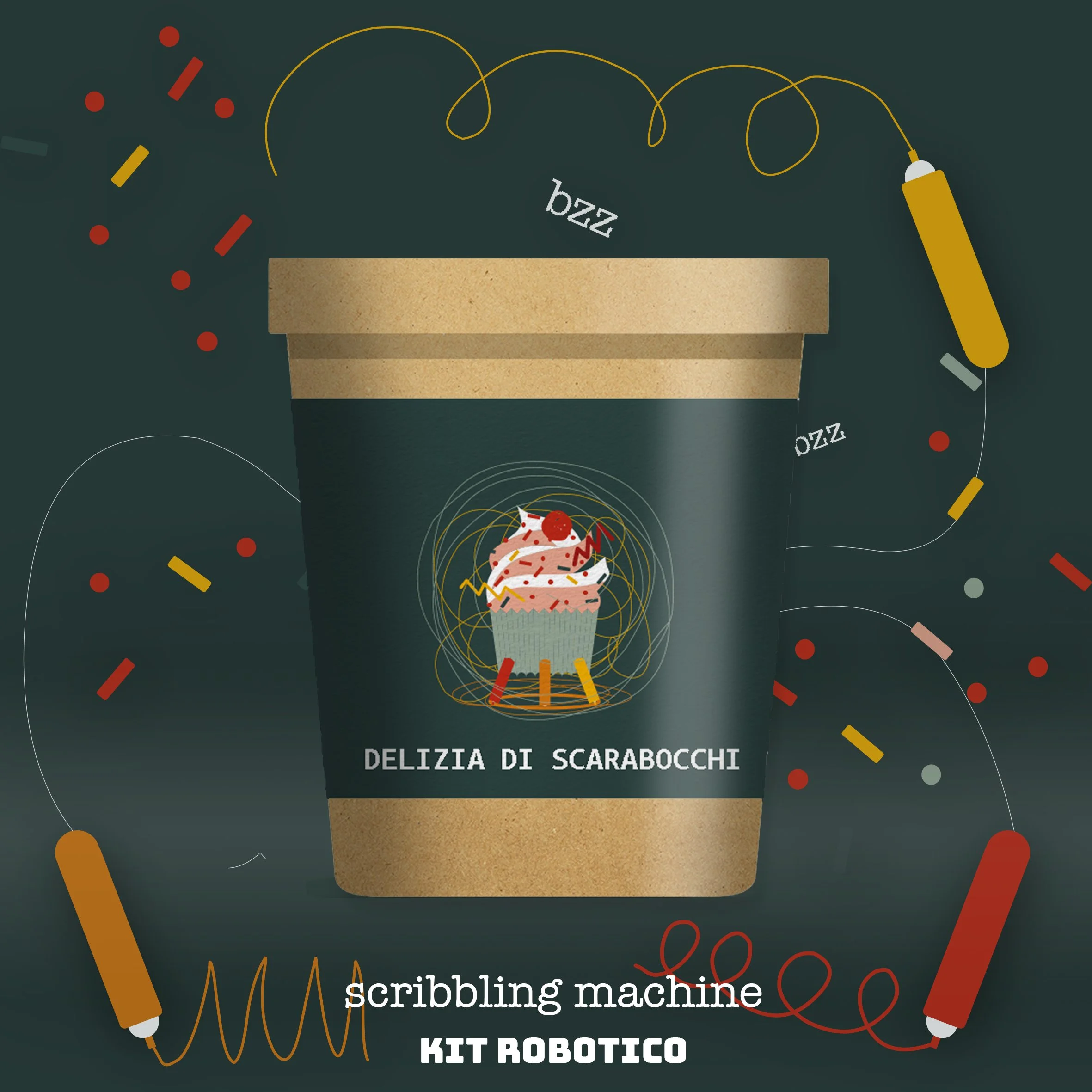 Immagine di un bicchiere con un'etichetta che dice 'Delizia di Scarabocchi' e 'Scribbling machine KIT ROBOTICO'. Intorno ci sono disegni di fili, pulsanti e linee colorate che rappresentano una macchina da scarabocchi robotizzata.