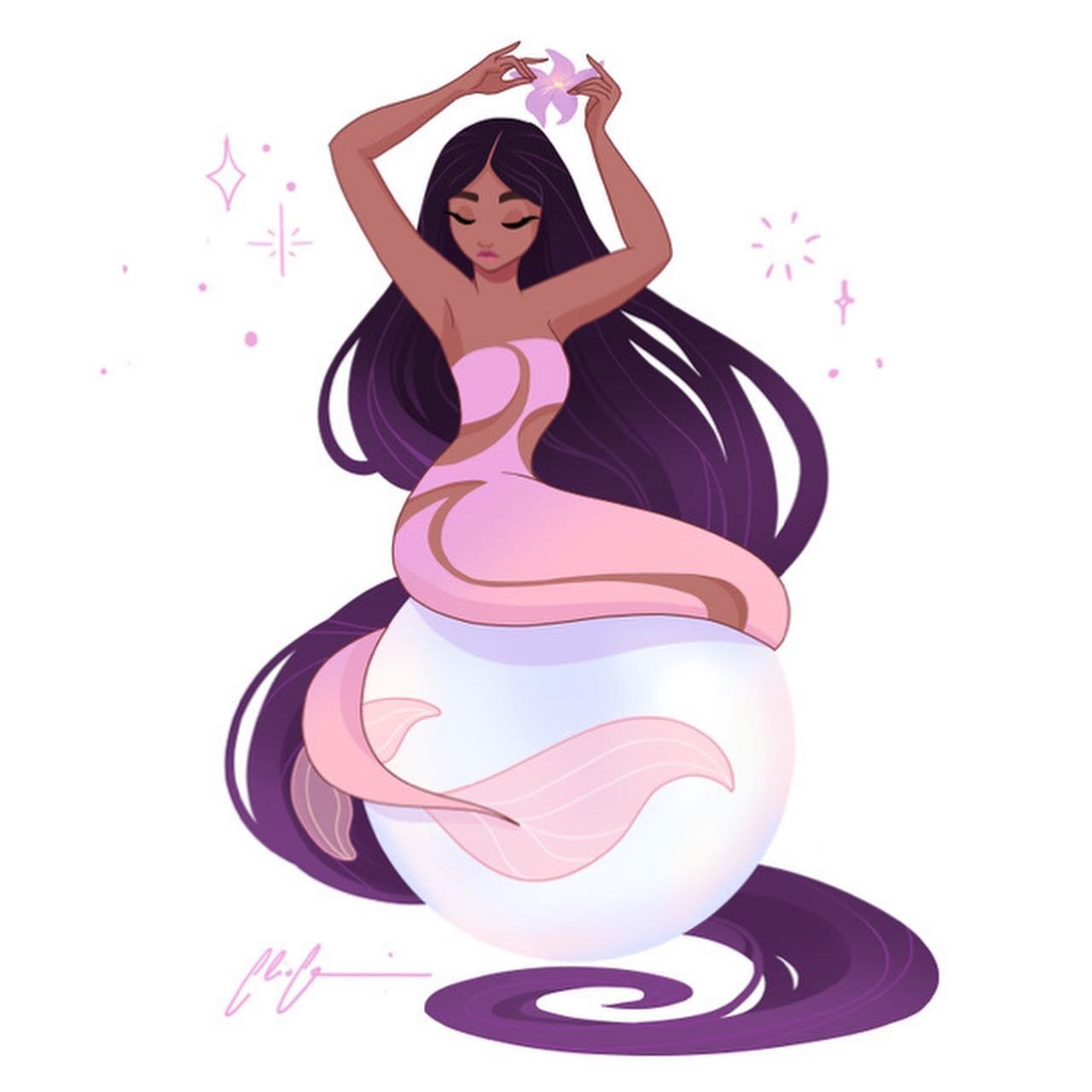 &weierp;ɛąཞƖ
&bull;
This one is inspired by Isabela from Encanto and her color-palette 💜🌸
&bull;
I actually liked this movie a lot! The music was amazing!🎶
&bull;
#mermaid #isabelaencanto #flowers #lilac #blackhair #pearl #visdev #characterdesign 