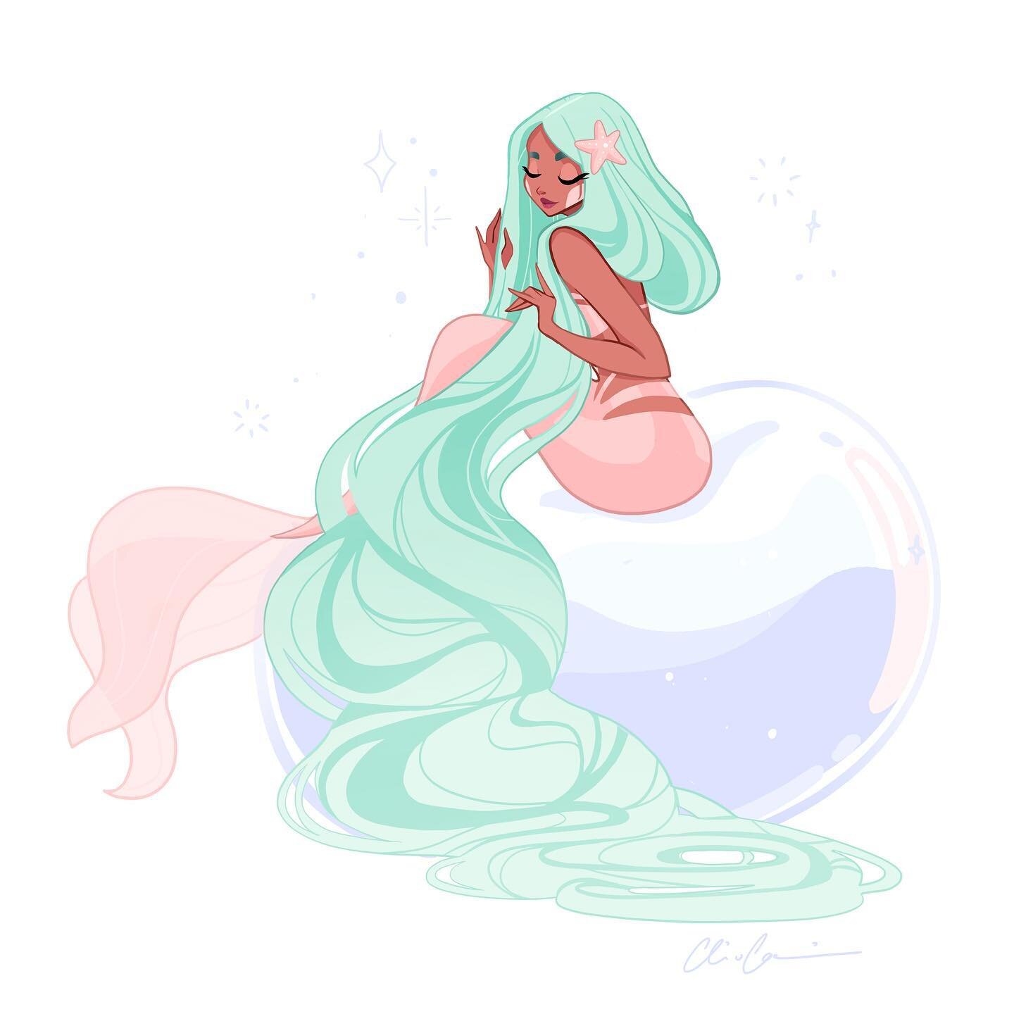 𝑀𝒾𝓃𝒾 𝒷𝓊𝒷𝒷𝓁𝑒 𝓂𝑒𝓇𝓂𝒾𝑒
&bull;
Here&lsquo;s another mini Mermie! Mint is such a pretty colour and goes really well with pink! 💕
&bull;
I&lsquo;m not sure if I prefer drawing with lineart or not - it makes some parts of the illustration ea