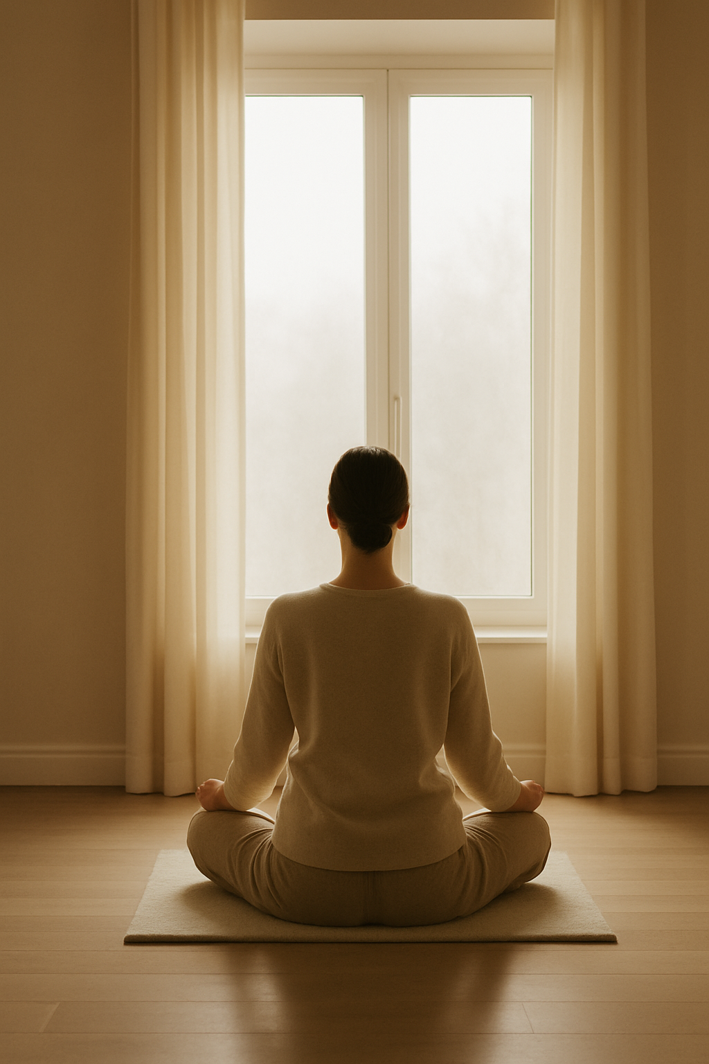 Person sitting in a warm minimal room breathing by a window, representing clearing space with Transformational Breath