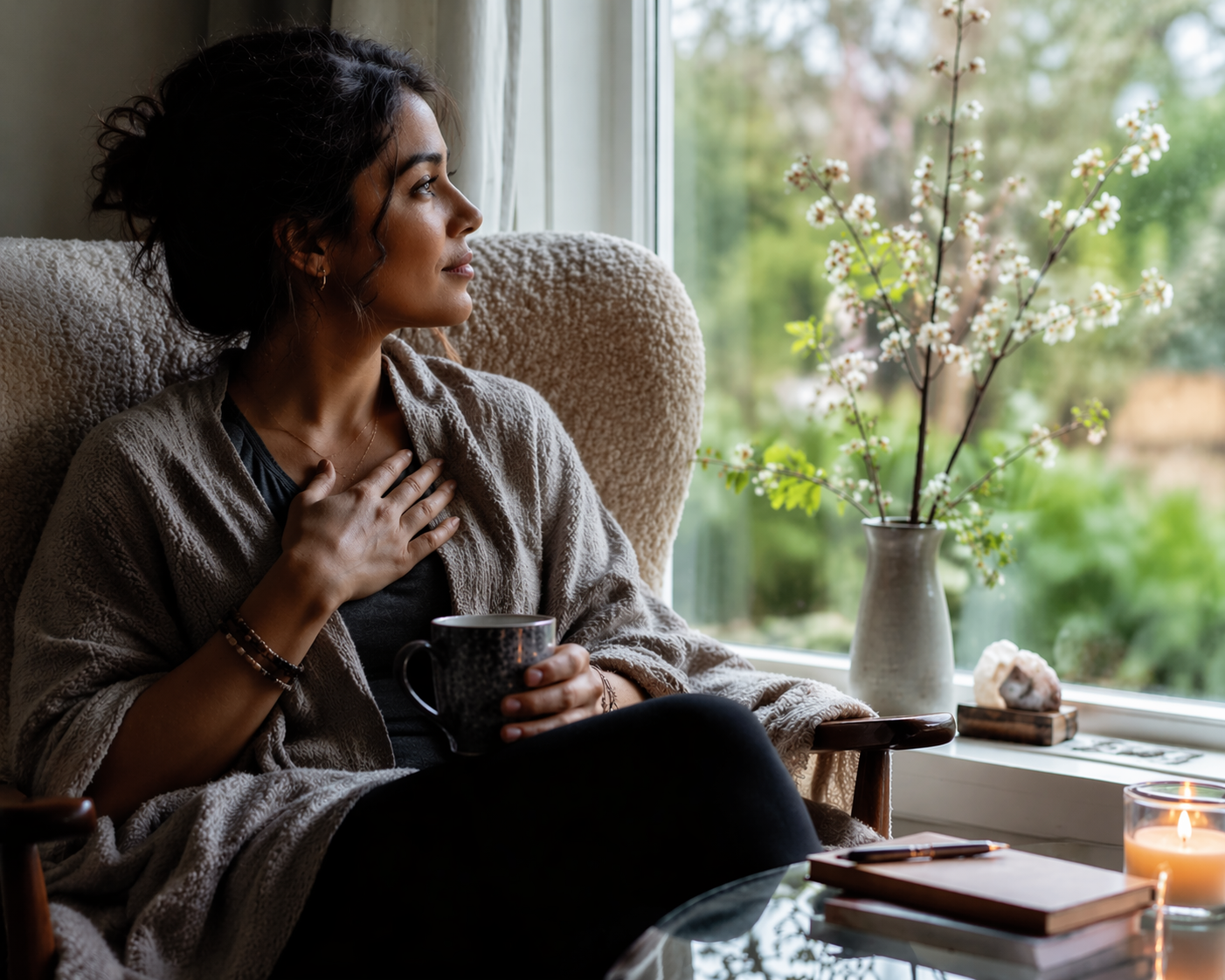 Woman sitting quietly with hand on chest, morning light, breathwork reflection April