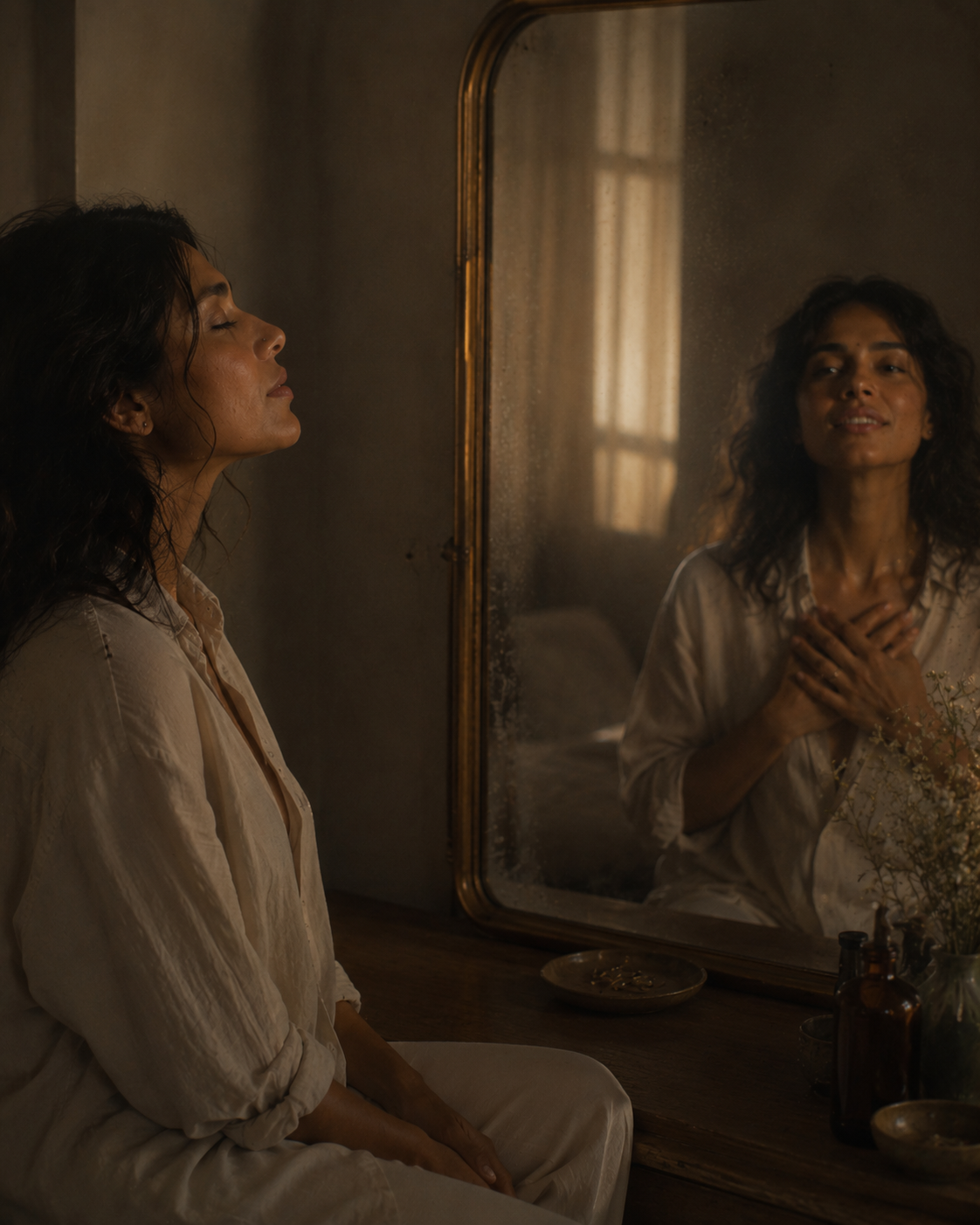 A person breathing with eyes closed in front of a gold mirror, warm atmospheric light, conscious breathwork