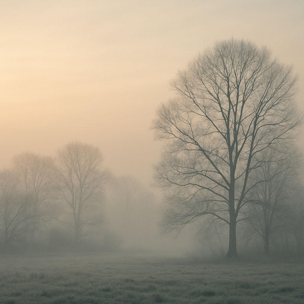 winter landscape with soft mist bare trees and quiet morning light symbolising stillness rest and reflection for year-end breathwork and holistic living