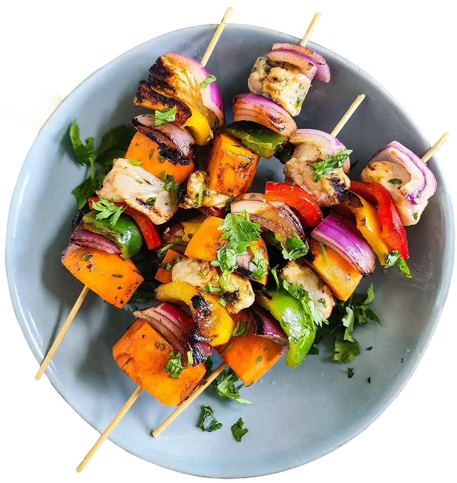 Sweet potato and chicken kabobs.
