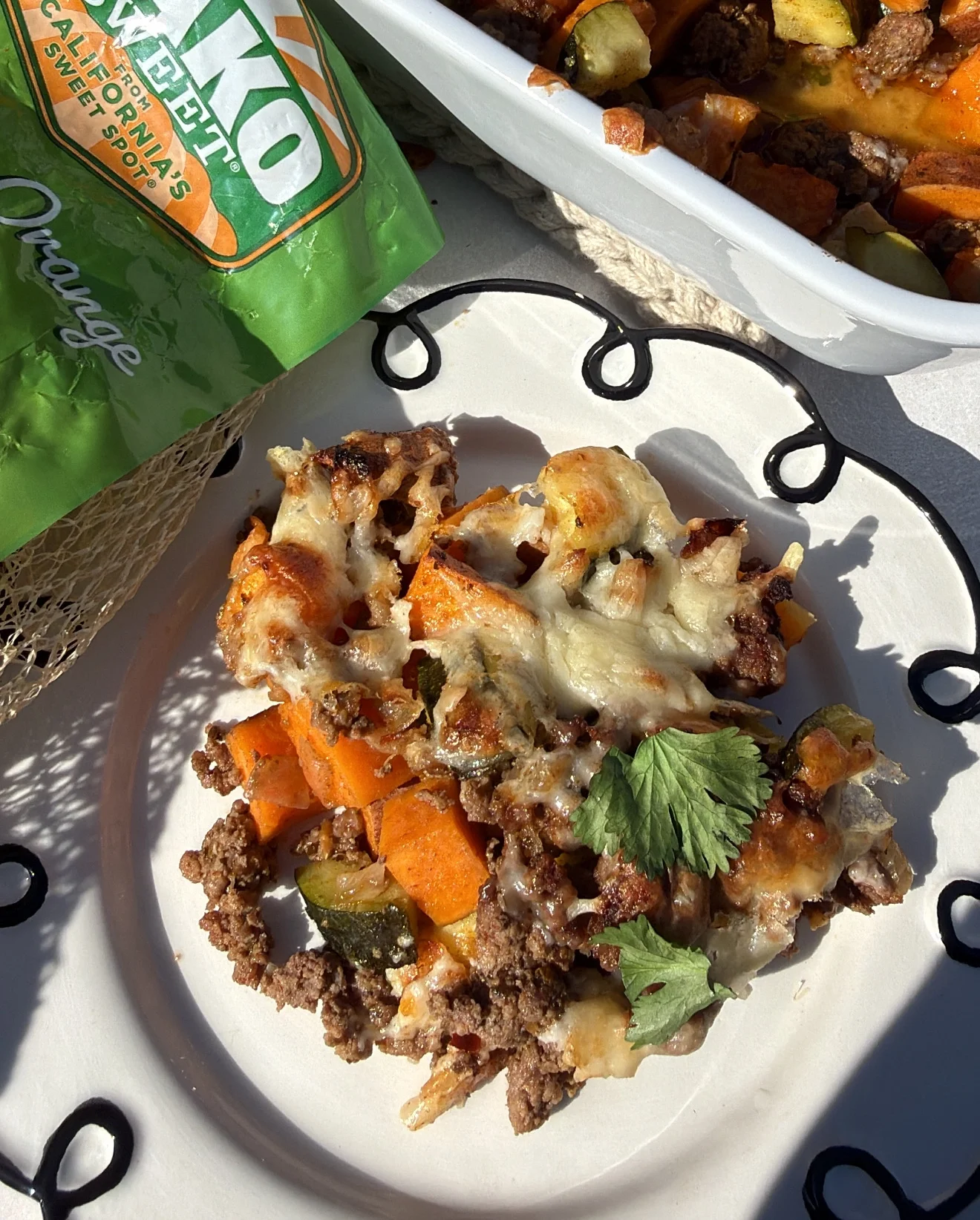Plate of Shepard's Pie made from sweet potatoes