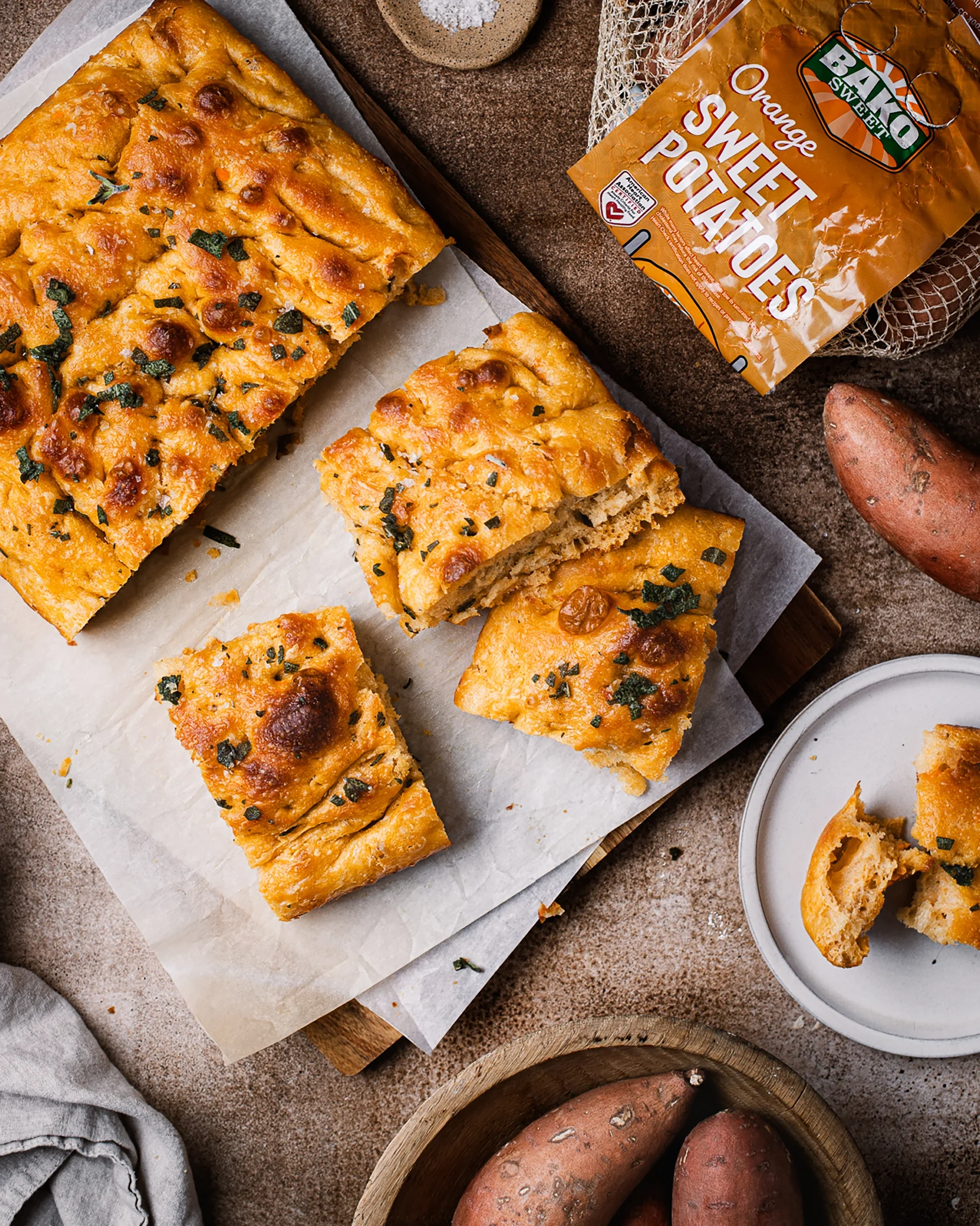 Top down view of sweet potato focaccia made with Bako Sweet Potatoes.