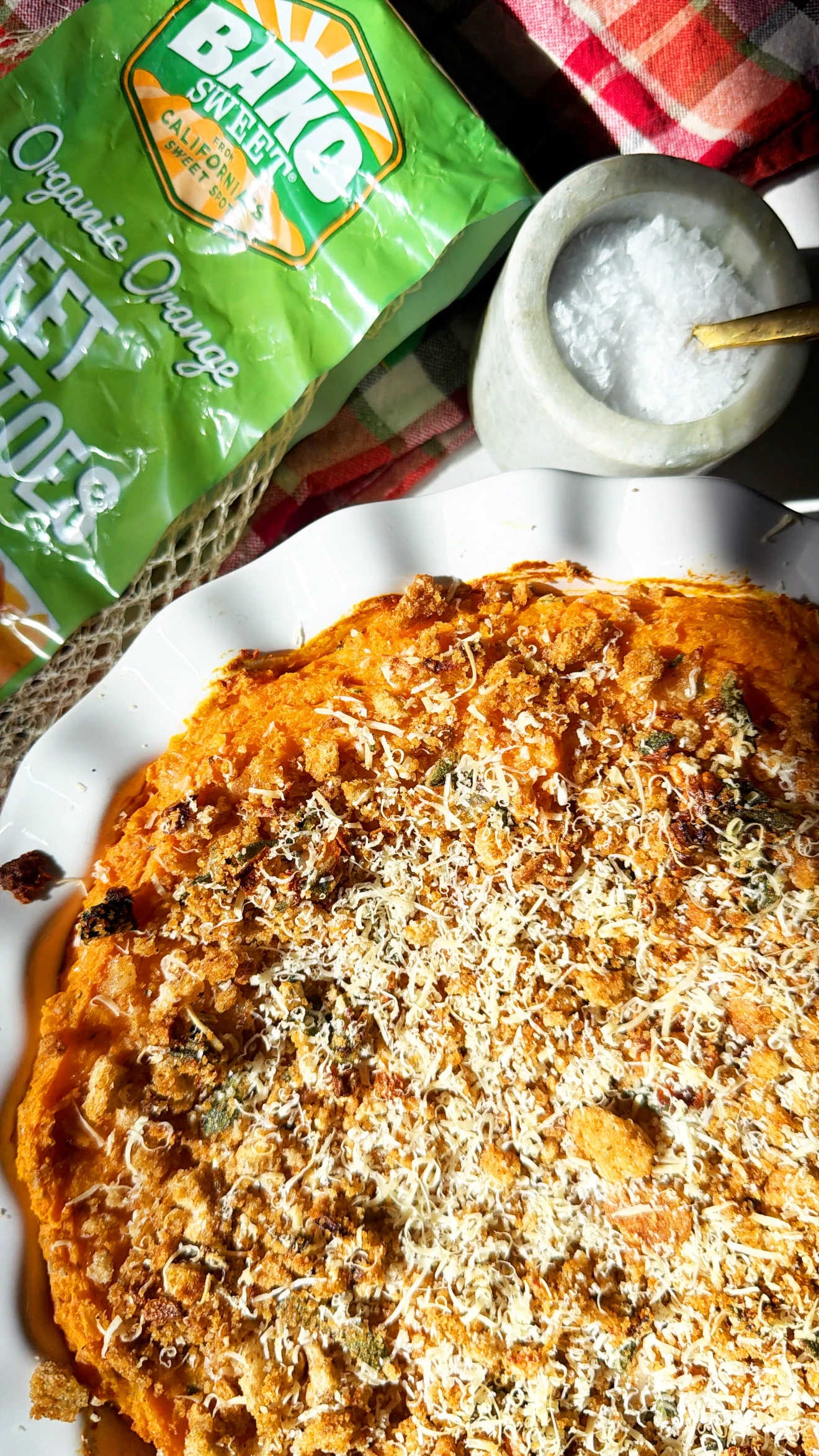 Top down view of savory sweet potato casserole.