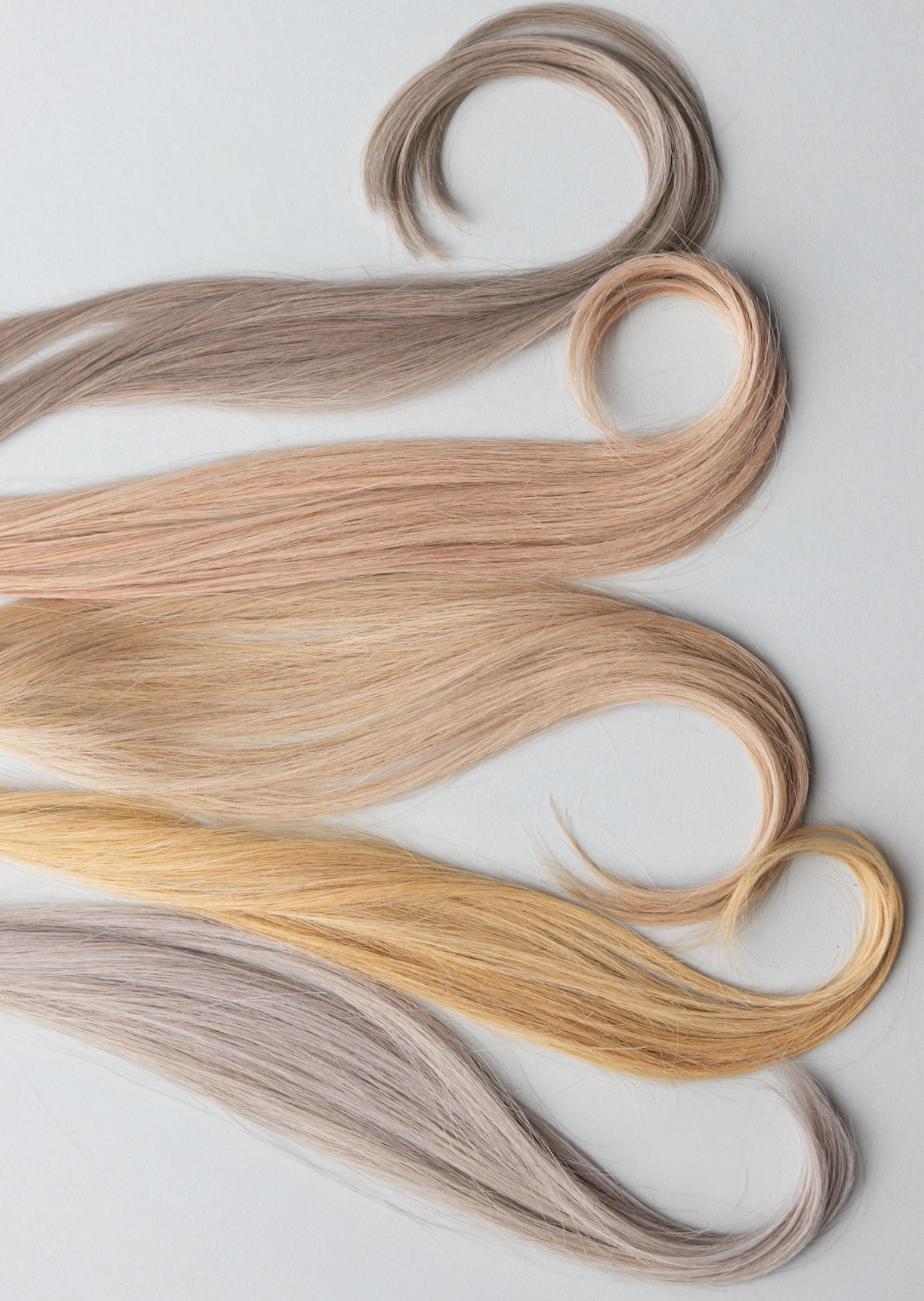Multiple strands of hair in shades of blonde, arranged on a light background.