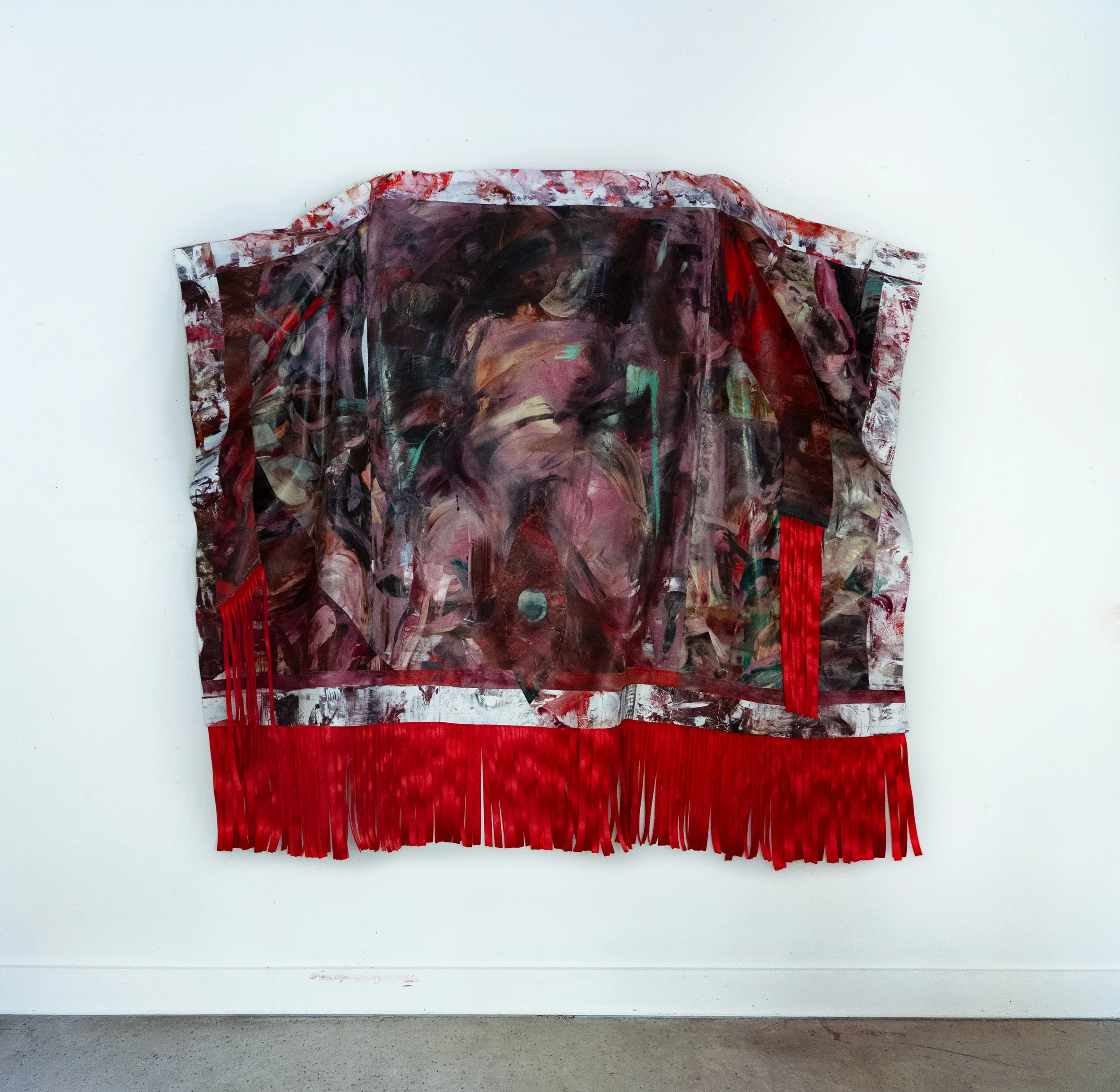 What She Builds (Rise of the Matriarchy), 2026. Oil, thread, ribbon, canvas, linen. 56 x 68 inches. Exclusively available through Elijah Wheat Showroom.