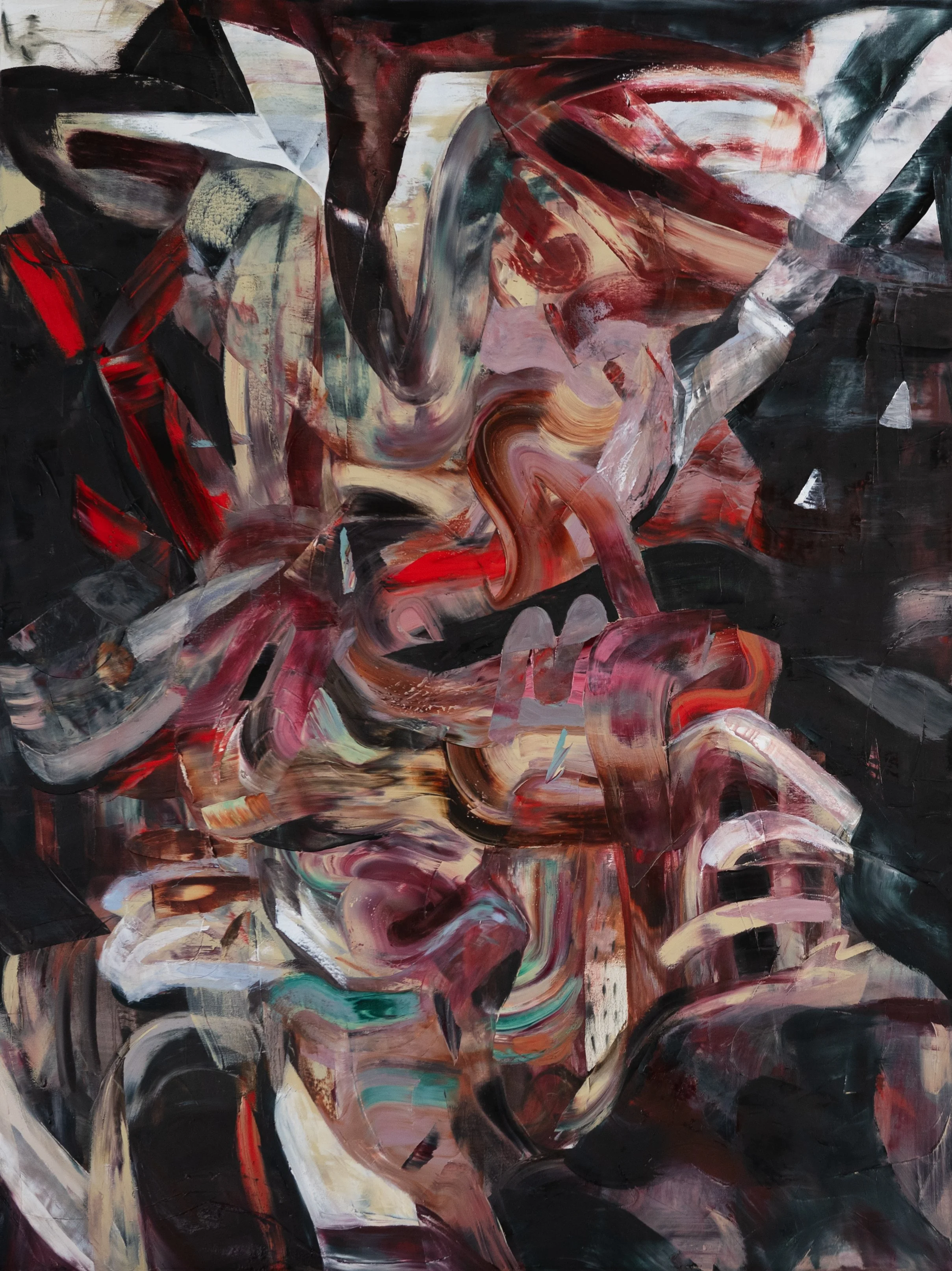 Wrestling with Containment, 2025. Oil on linen. 40 x 30 inches.
