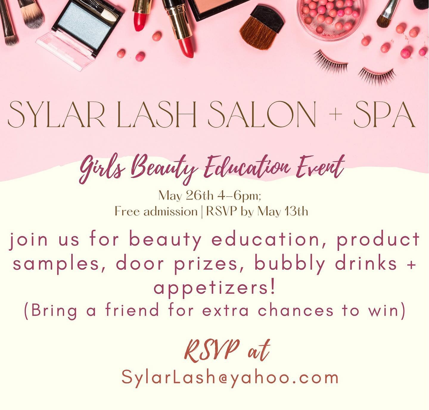 Parents, kick off your Summer by bringing your kids in for our beauty education event. Industry professionals will be teaching about various topics such as acne + makeup in a fun + social environment! RSVP at sylarlash@yahoo.com

#sylarlash #sylarlas