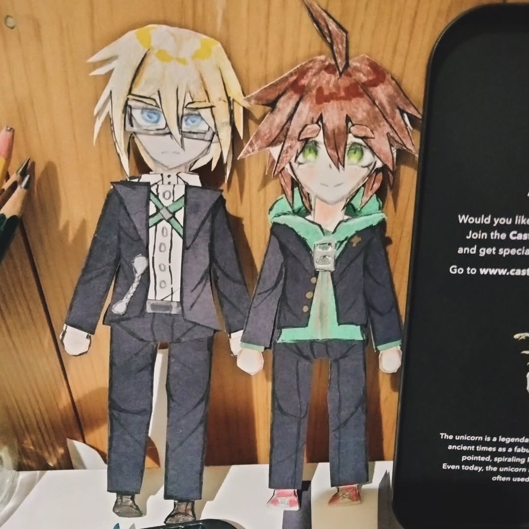 My daughter makes these gorgeous, pieces and layered paper dolls, usually depicting anime-styled characters. These are #byakuyatogami and #makotonaegi -- IYKYK.

#videogameart