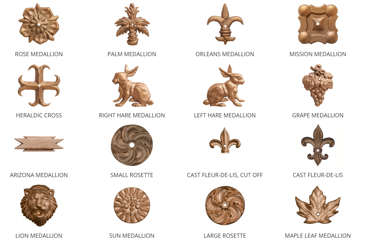 A collection of metallic decorative medallions and charms with various designs, including floral, animal, and abstract patterns, labeled with their respective names.