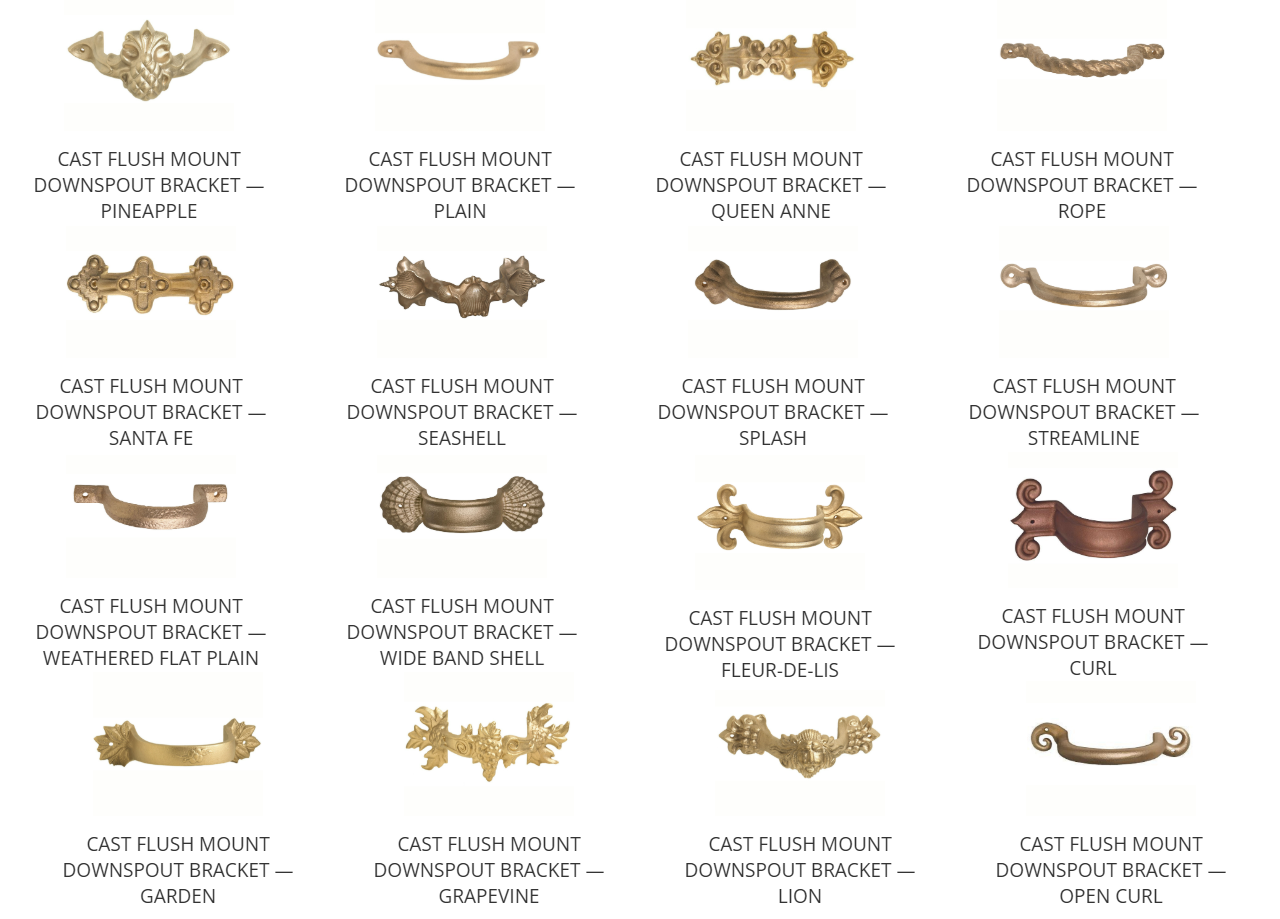 Collection of decorative cast flush mount downspout brackets with various designs and finishes, including Pineapple, Plain, Queen Anne, Rope, Santa Fe, Seashell, Splash, Streamline, Weathered Flat Plain, Wide Band Shell, Fleur-de-Lis, Curl, Garden, Grapevine, Lion, and Open Curl.