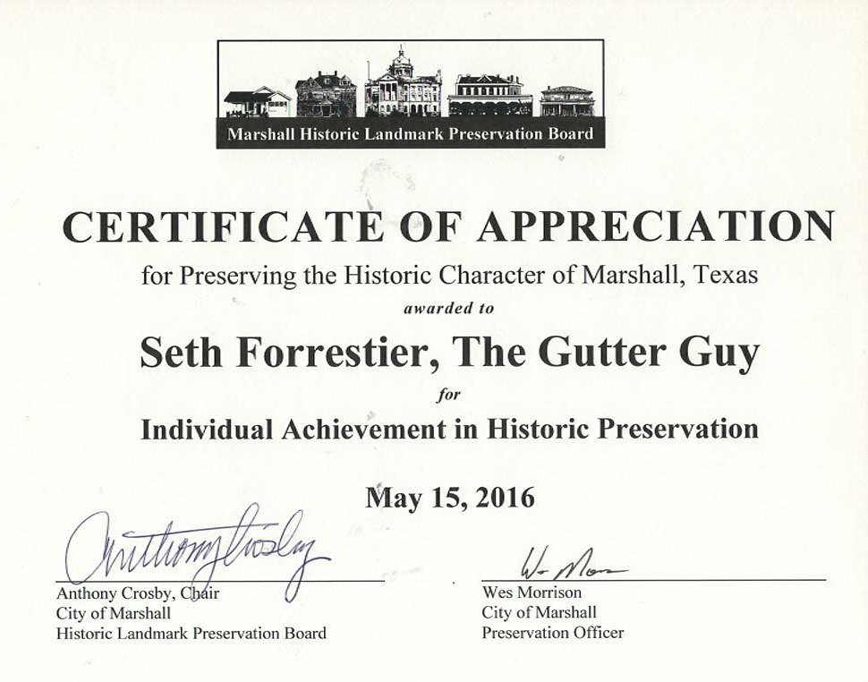 Certificate of Appreciation for The Gutter Guy