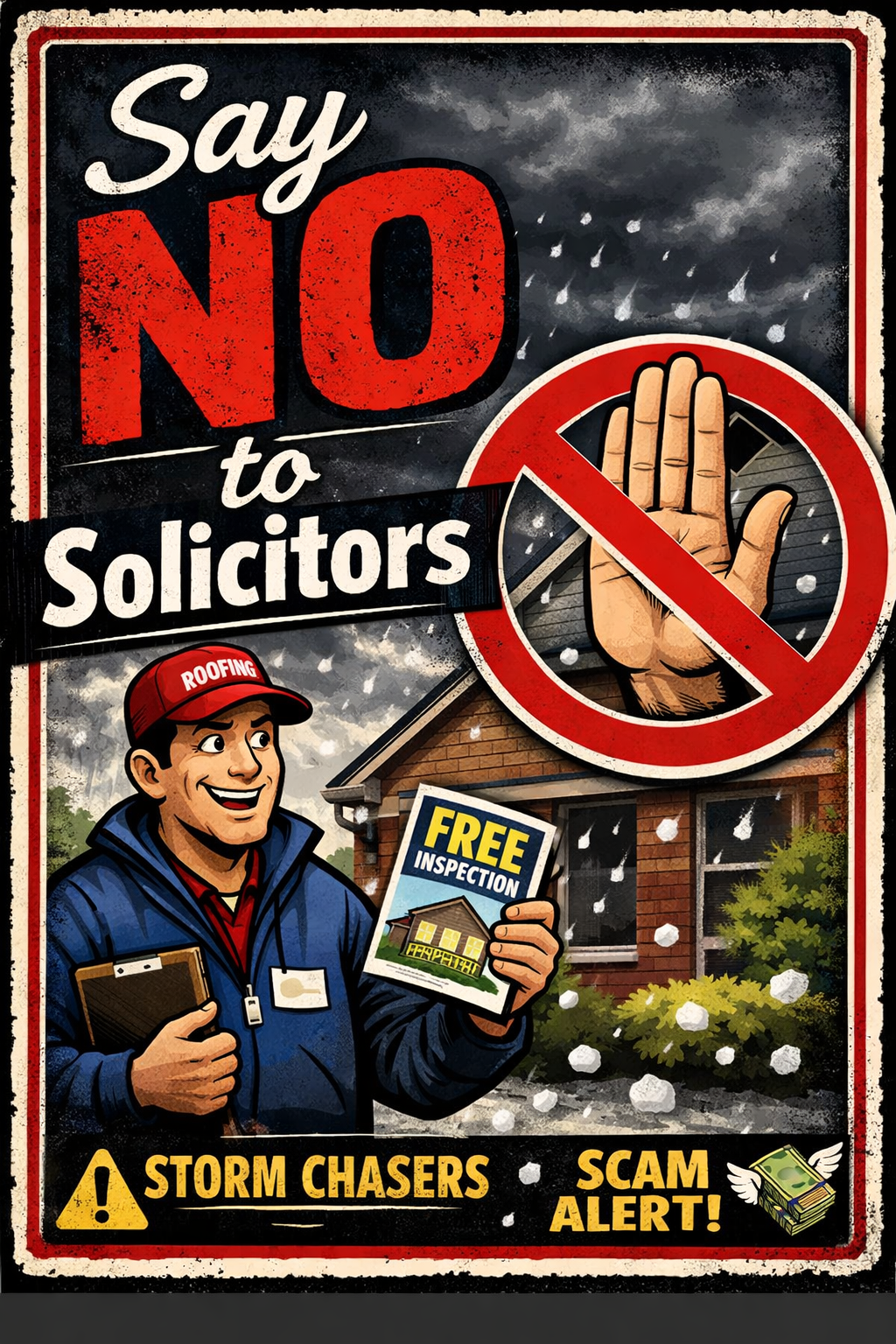 A poster promoting the idea of saying no to roofing and gutter solicitors