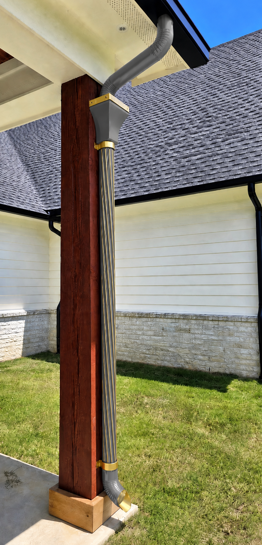 Gold-edged gray spiral downspouts