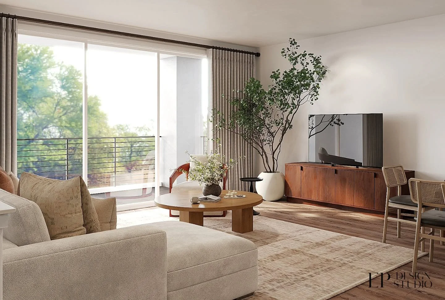 Full townhouse furnishing project being installed next month here in Fresno! Here's a couple of renderings for the living/dining space, lots of cozy neutral vibes. ✨️

Client bought this townhouse as a second home and reached out to me back in April 