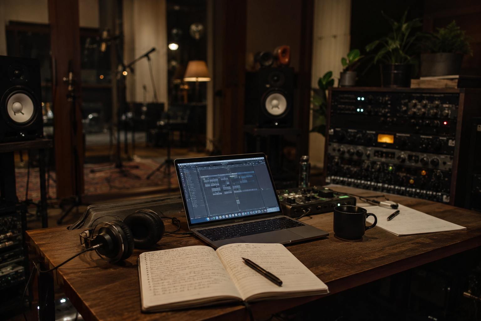 a quiet behind-the-scenes music industry workspace wiht headphones, production notes, a laptop and recording equiptment