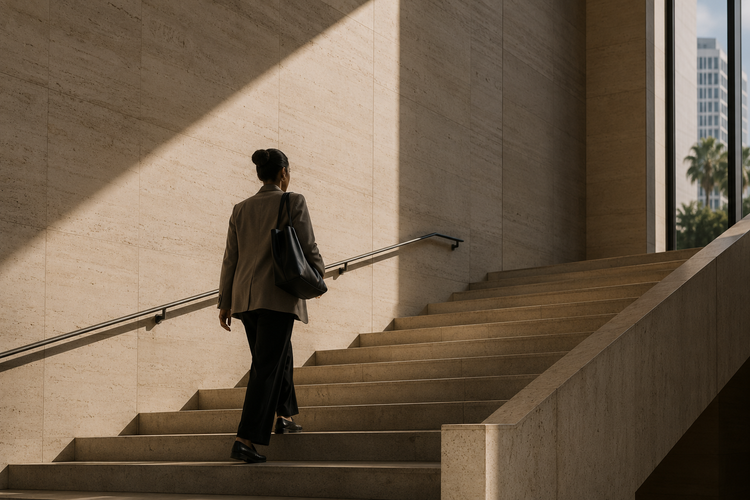 Professional woman ascending a modern architectural staircase