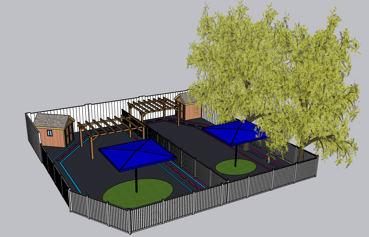 3D design of a playful daycare outdoor space, built for fun and safety.