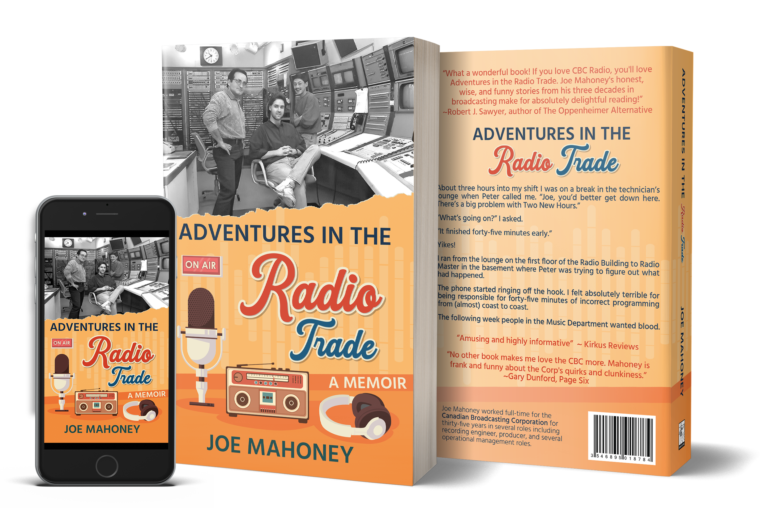 Photos of two versions of Adventures in the Radio Trade: ebook and the front and back cover of the trade paperback edition.