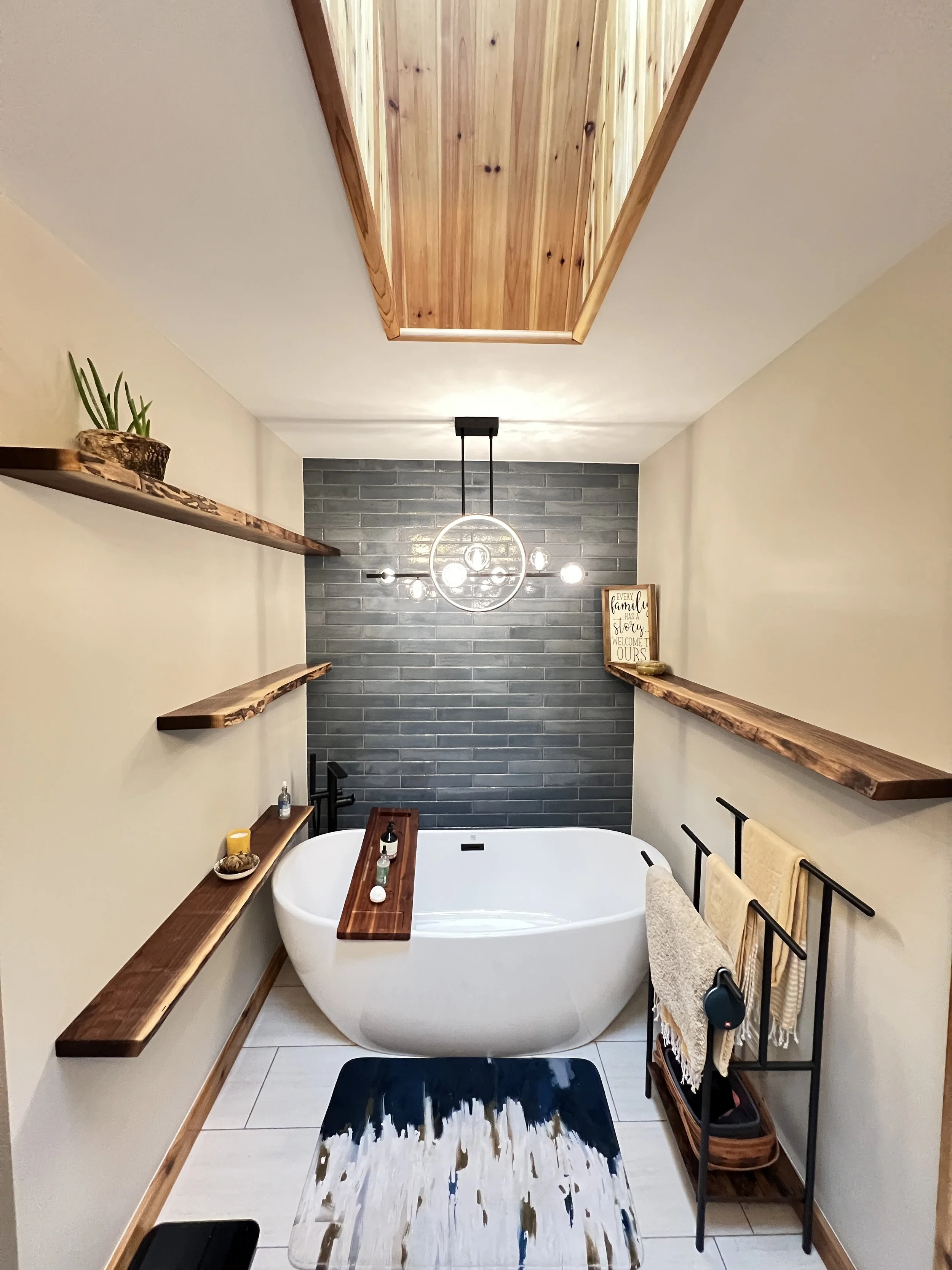 Walnut bathroom shelves