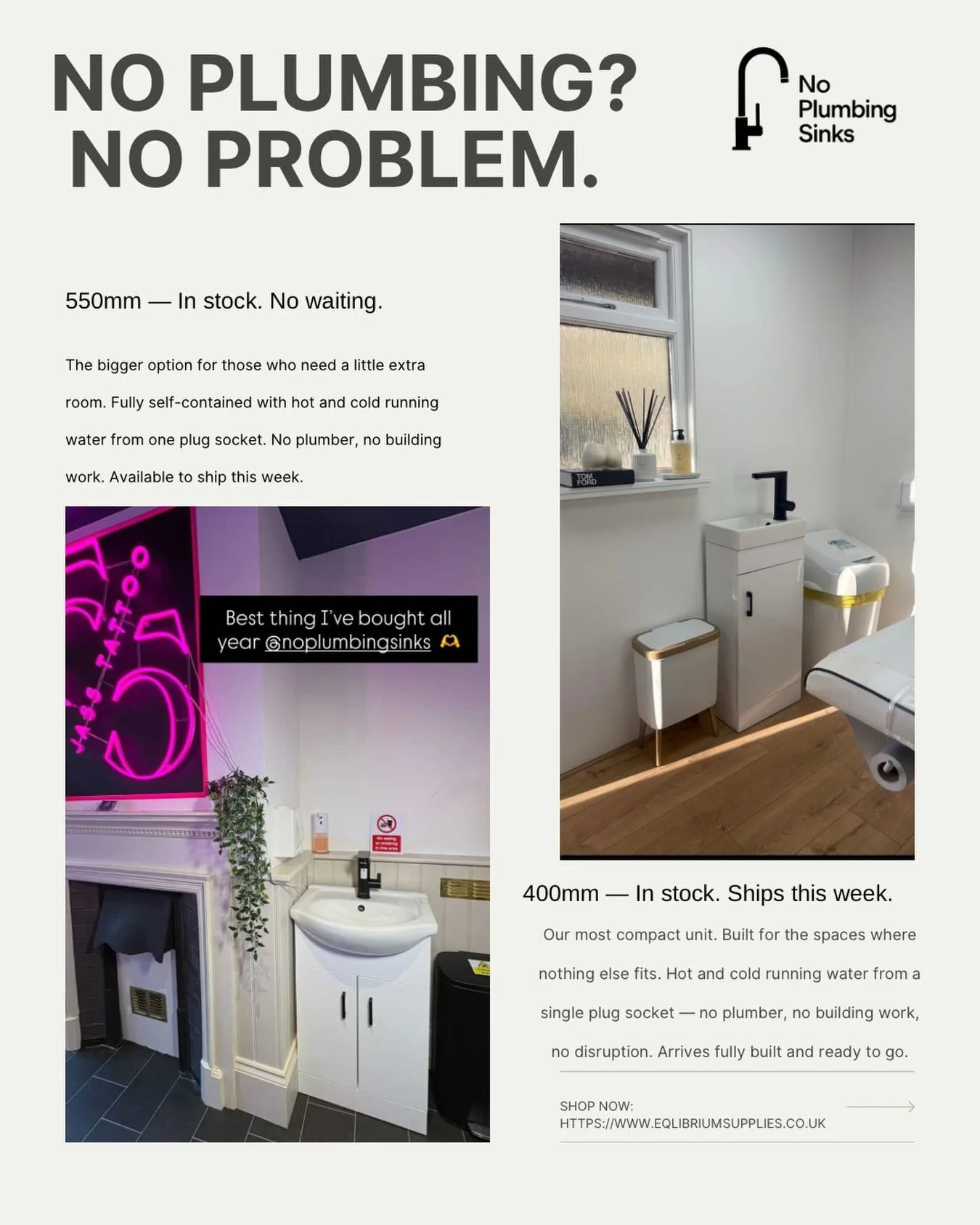 💧 No plumbing? No problem.

Two of our most popular units - the 400mm and 550mm - both in stock and ready to ship this week.

The 400mm is our most popular unit and it&rsquo;s easy to see why. Built for the spaces where nothing else fits. Hot and co
