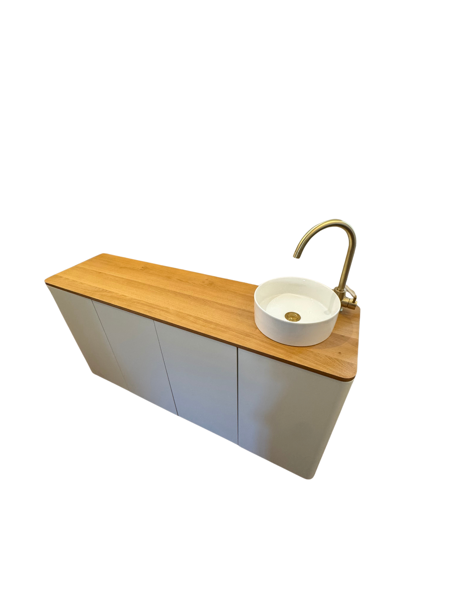1500mm white sideboard with solid oak top & No Plumbing Sink System & Basin.