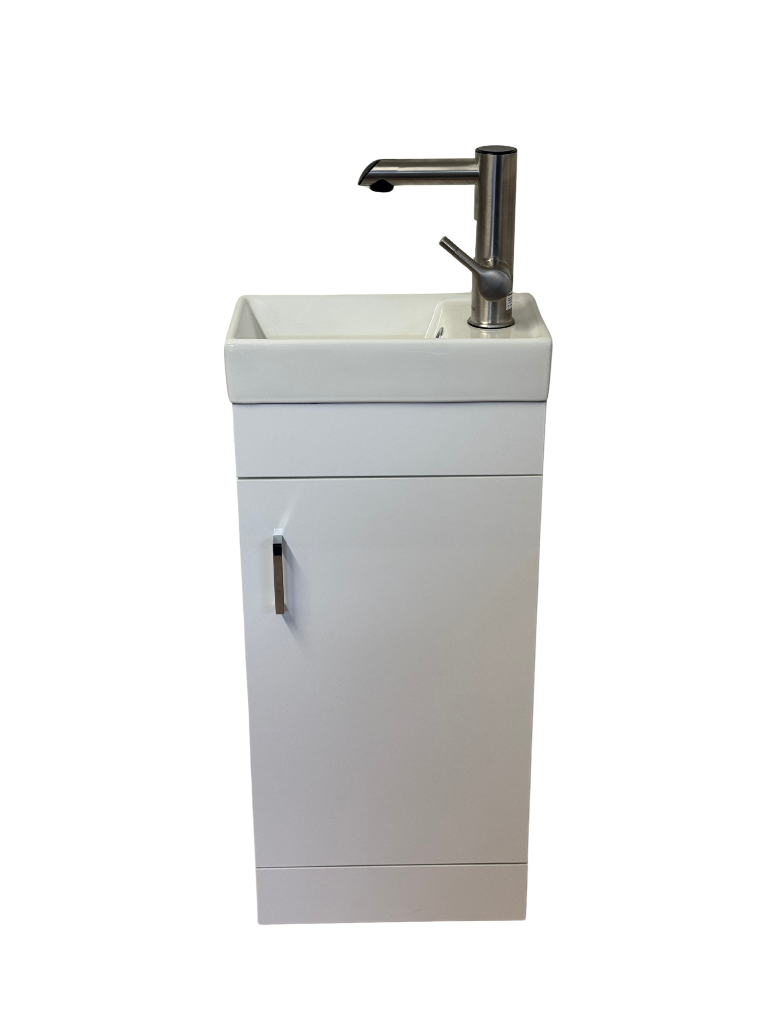 A white standalone sink with a stainless steel faucet, set against a plain white background.