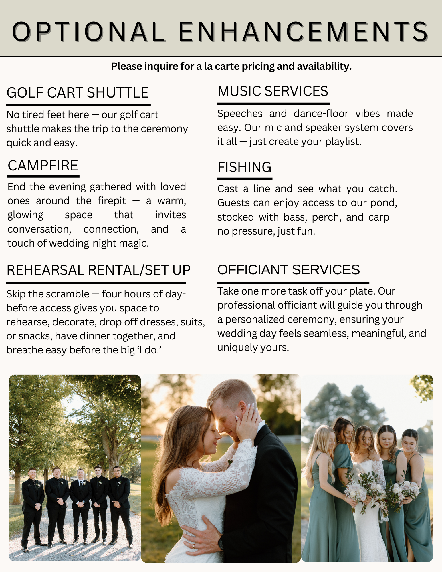 A flyer titled 'Optional Enhancements' listing various wedding or event services, including golf cart shuttle, campfire, rehearsal rental/setup, music services, wedding officiant, and catering, with photos of a wedding party, couple, and wedding guests.