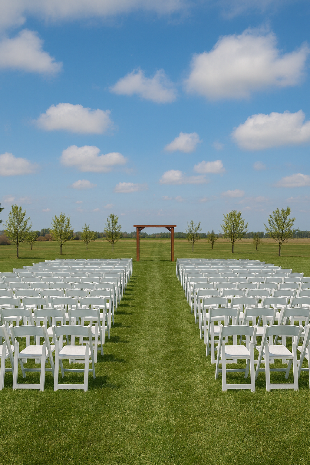 Outdoor wedding ceremony setup with white chairs arranged in rows, green grass aisle, wooden arch at the front, trees in the background, and a bright blue sky with clouds.