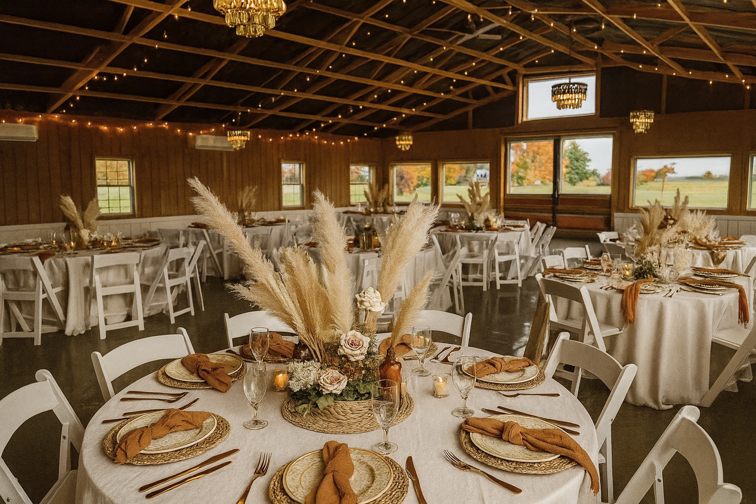 Rustic wedding hall at Maple Lane Farm with chandeliers and high ceilings