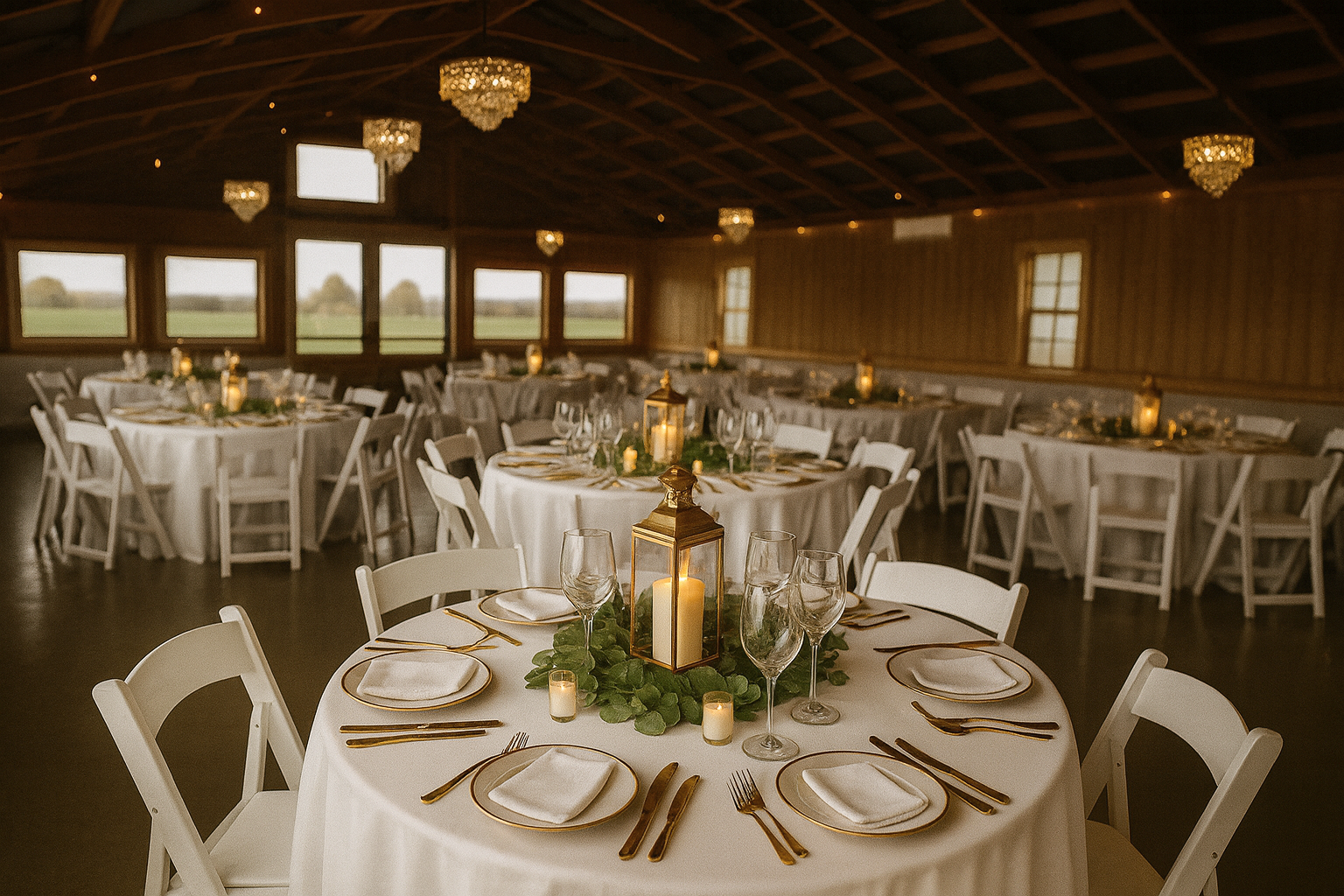 Event hall with chandeliers, polished wood floors, and barn-style beams at Maple Lane Farm