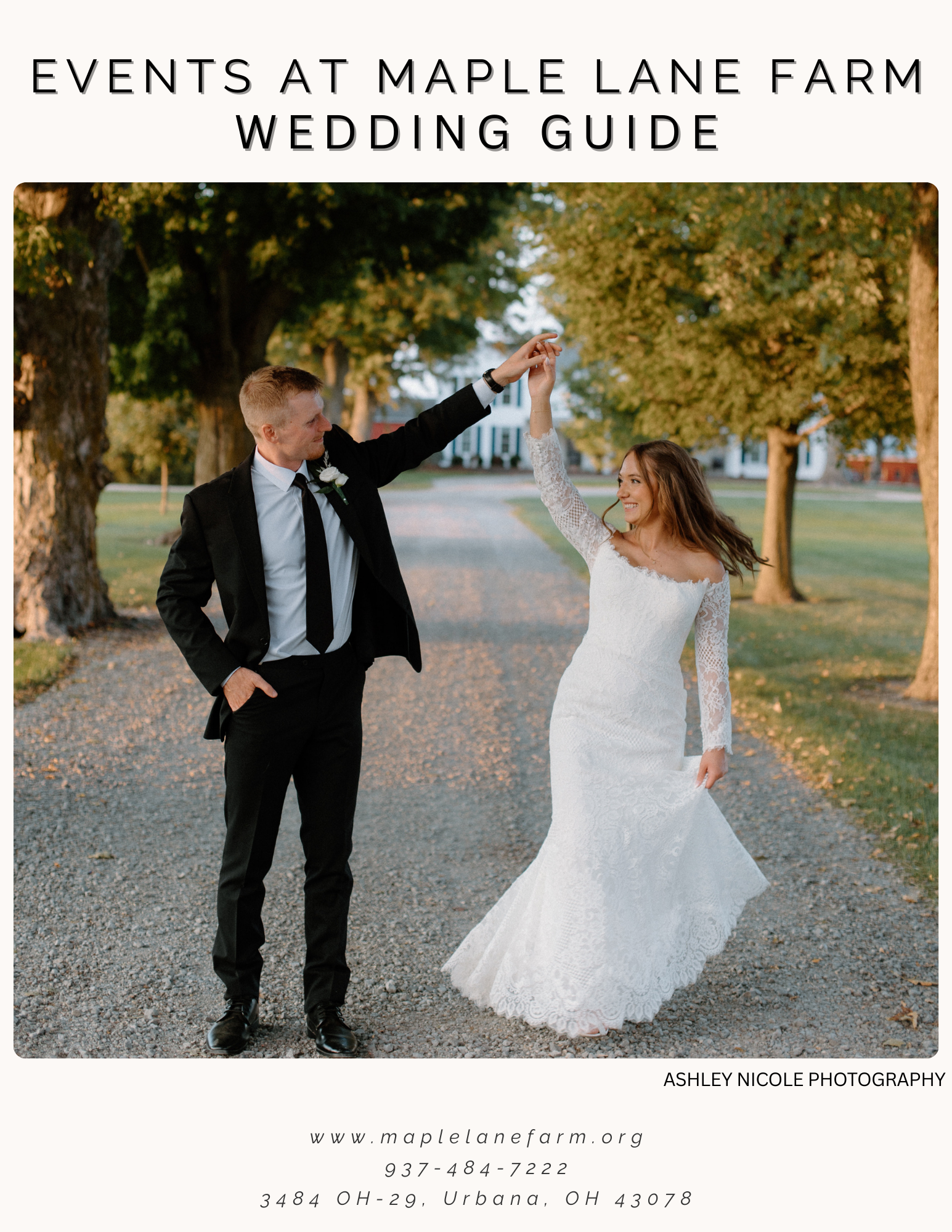 A bride and groom dancing outdoors on a gravel path lined with trees during sunset at Maple Lane Farm wedding event.