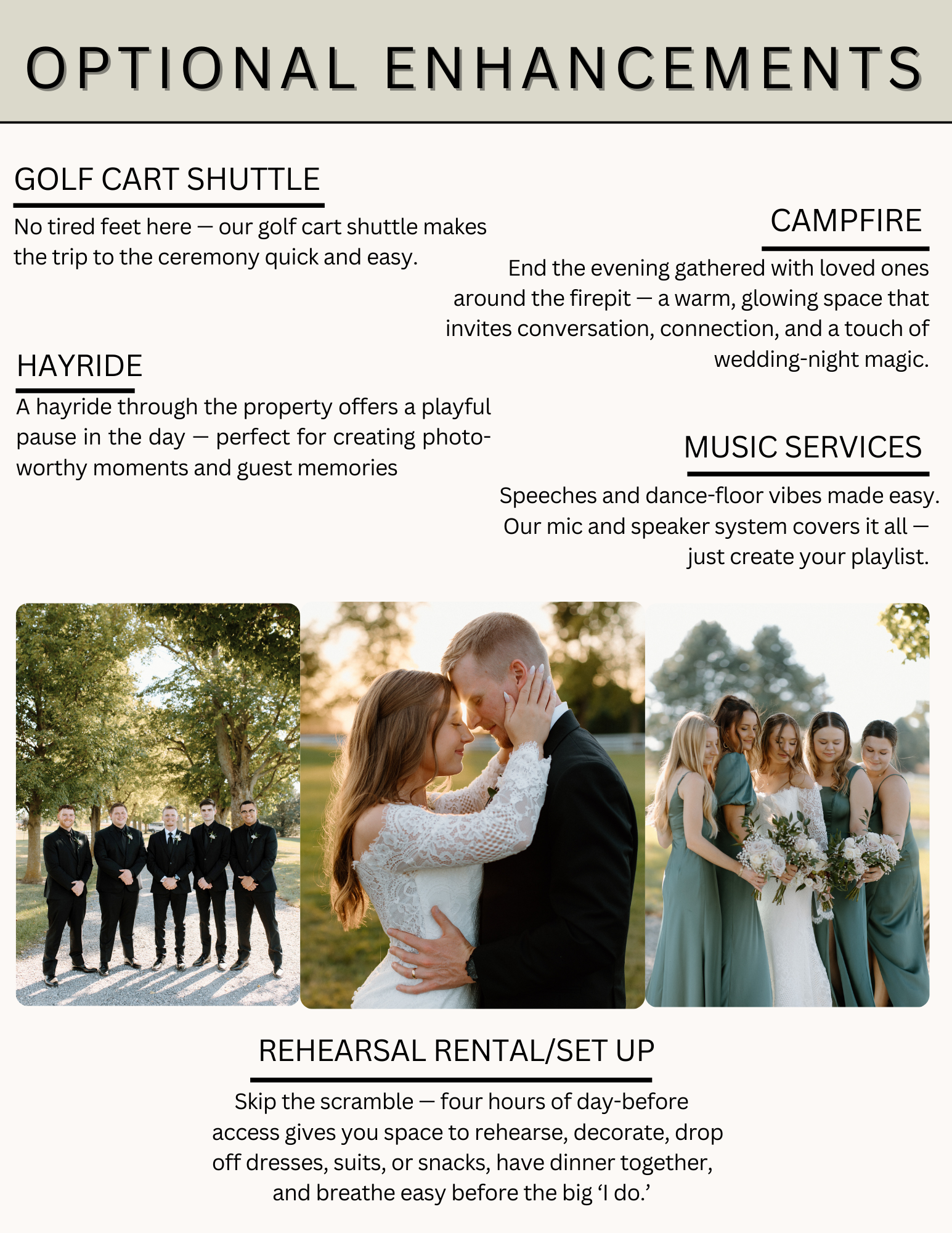 Optional enhancements for a wedding, including golf cart shuttle, campfire, hayride, music services, and rehearsal rental/setup, with three wedding photos of a couple and bridesmaids.