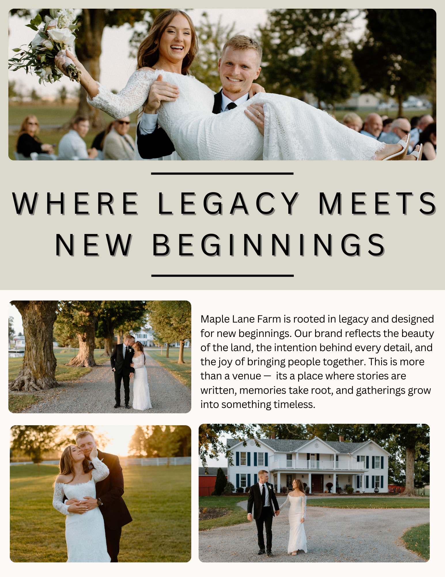 A wedding flyer with a photo of a bride and groom, various wedding images, and text about Maple Lane Farm emphasizing its legacy and new beginnings.