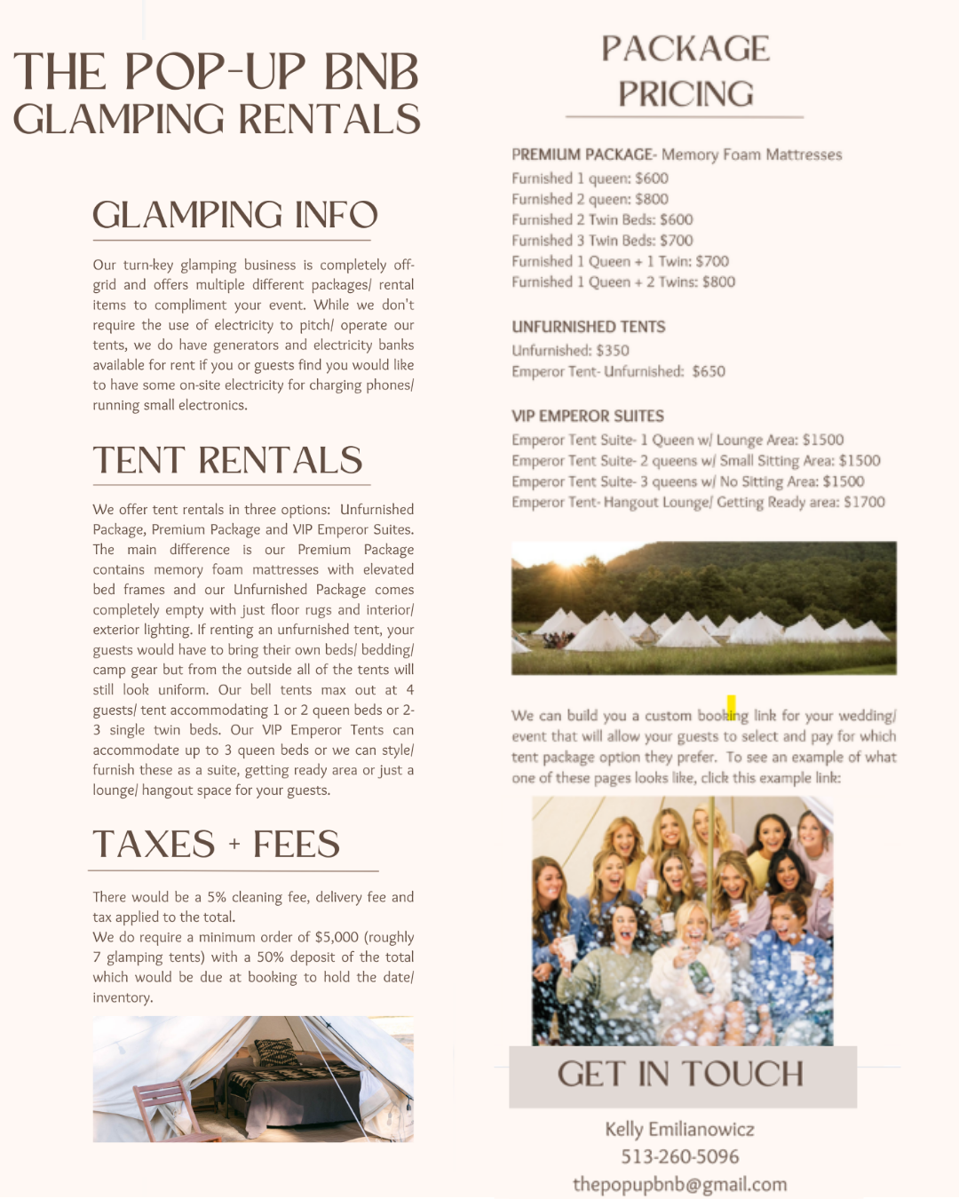 Flyer for The Pop-Up BNB Glamping Rentals with package prices, tent options, photos of tents and group of smiling women, contact information.