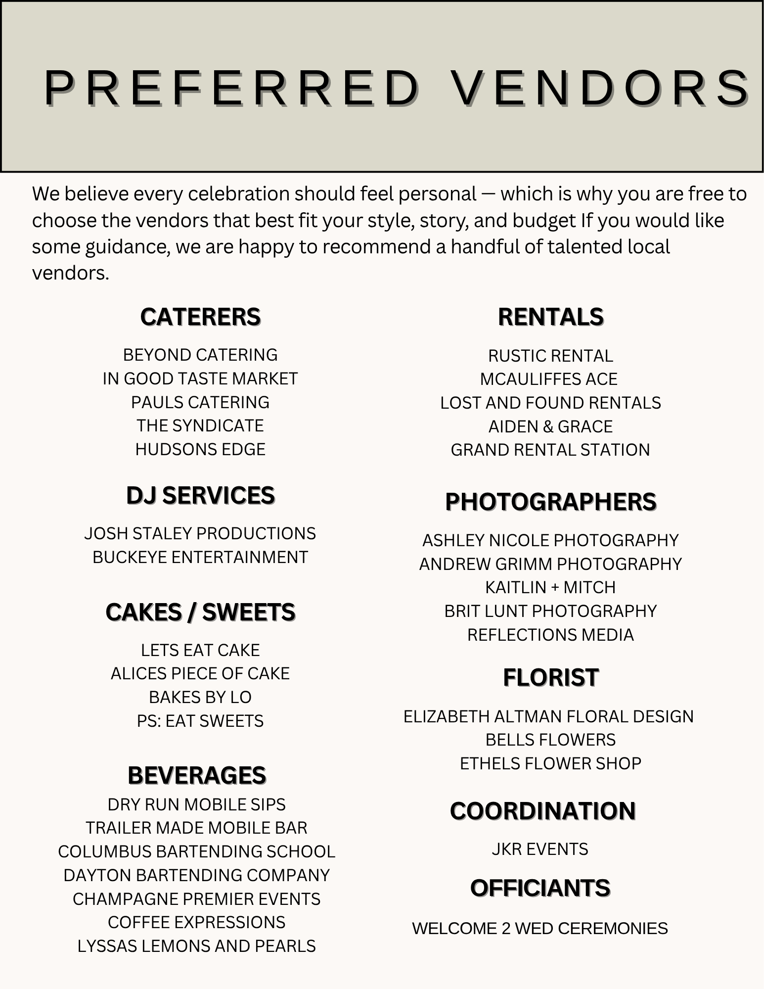 A firm that promotes preferred vendors for events, listing categories such as caterers, rentals, DJ services, photographers, cakes and sweets, beverages, florists, coordination, and officiants, with specific vendors listed under each category.